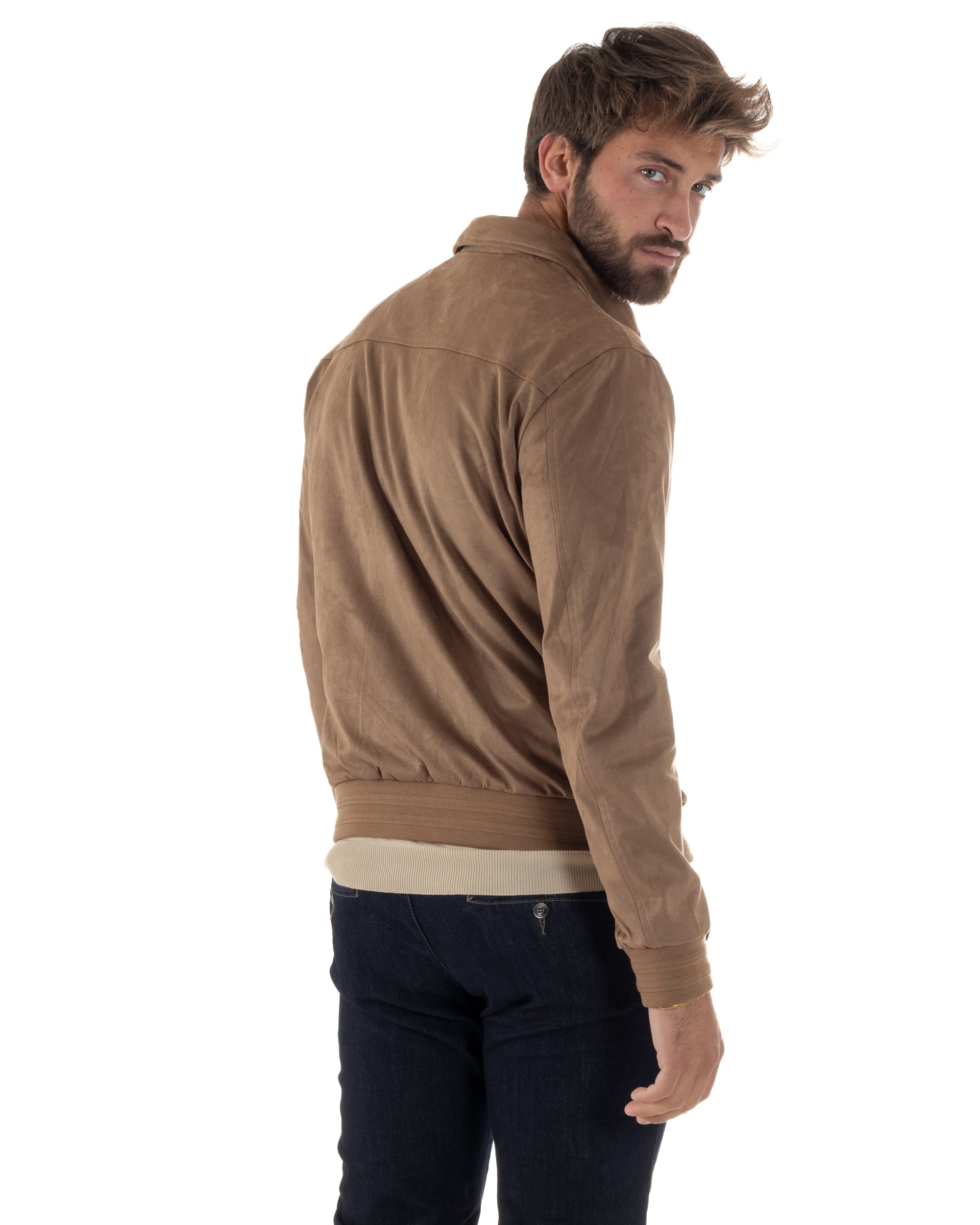 Vista posteriore giubbotto uomo beige eco camoscio slim fit