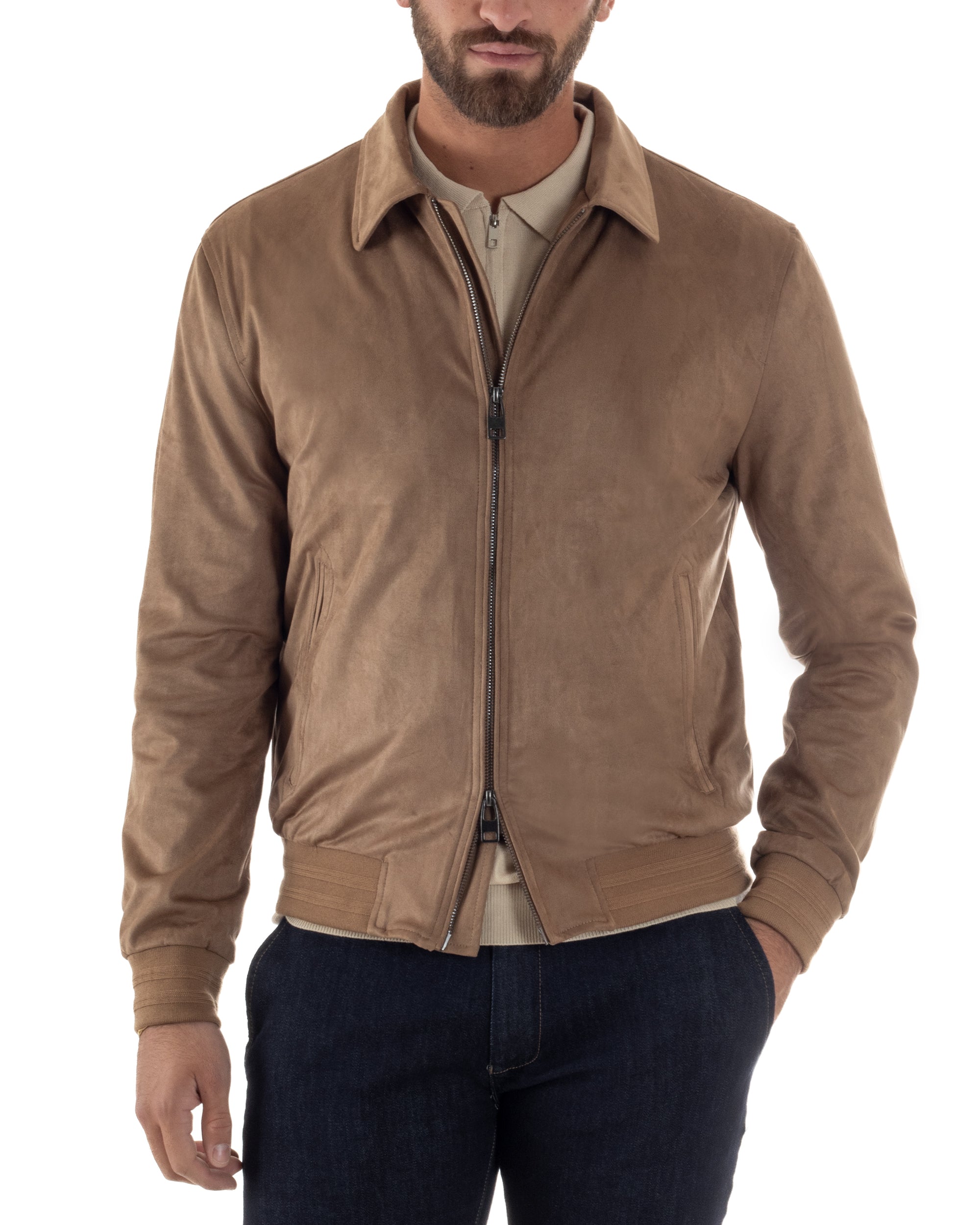 Giubbotto uomo beige eco camoscio zip frontale colletto slim fit