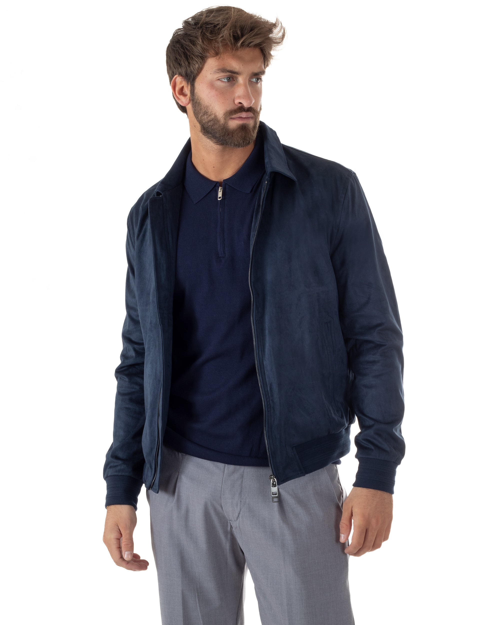 Vista frontale aperta giubbotto blu navy eco camoscio fodera interna