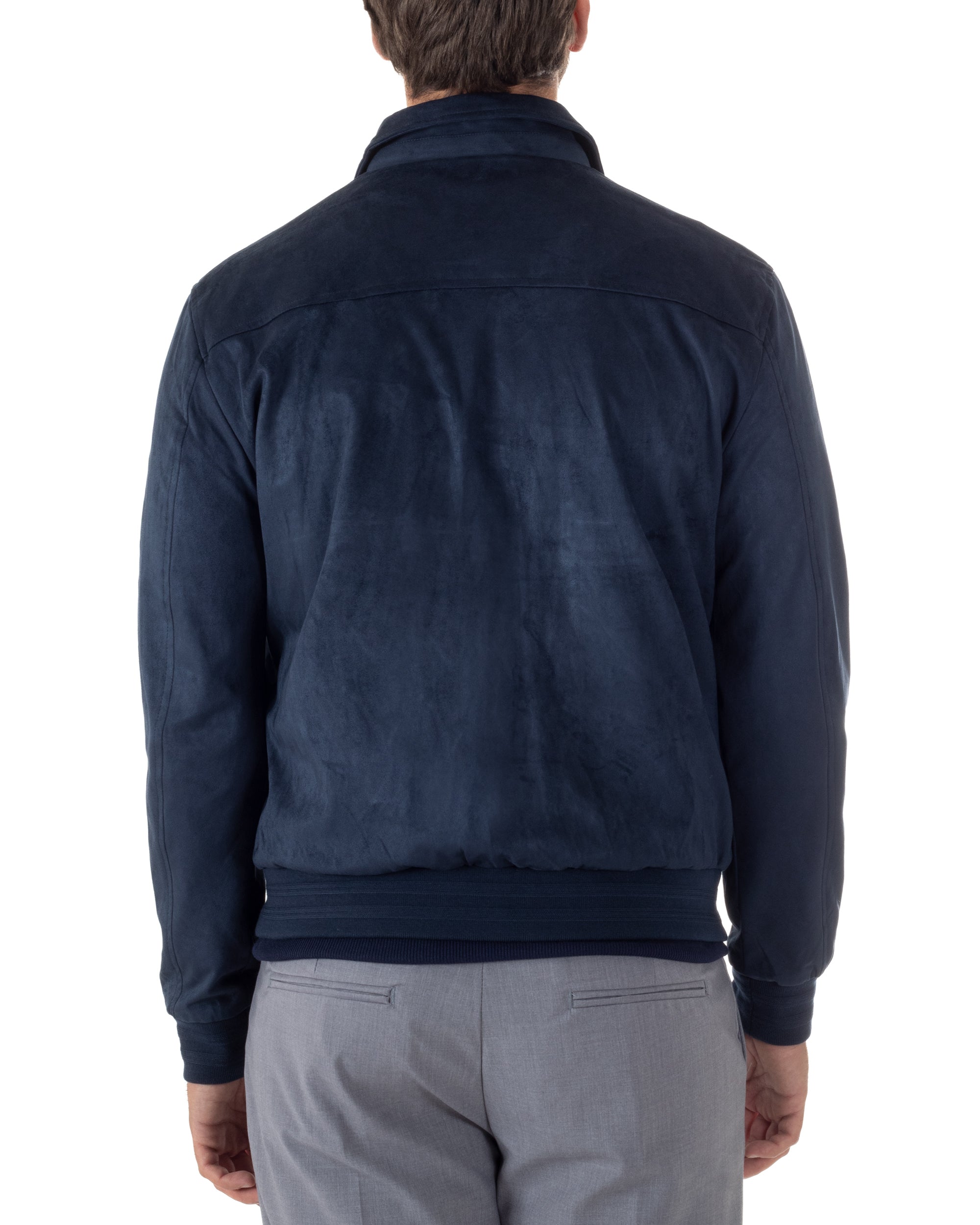 Vista posteriore giubbotto blu navy eco camoscio fodera interna