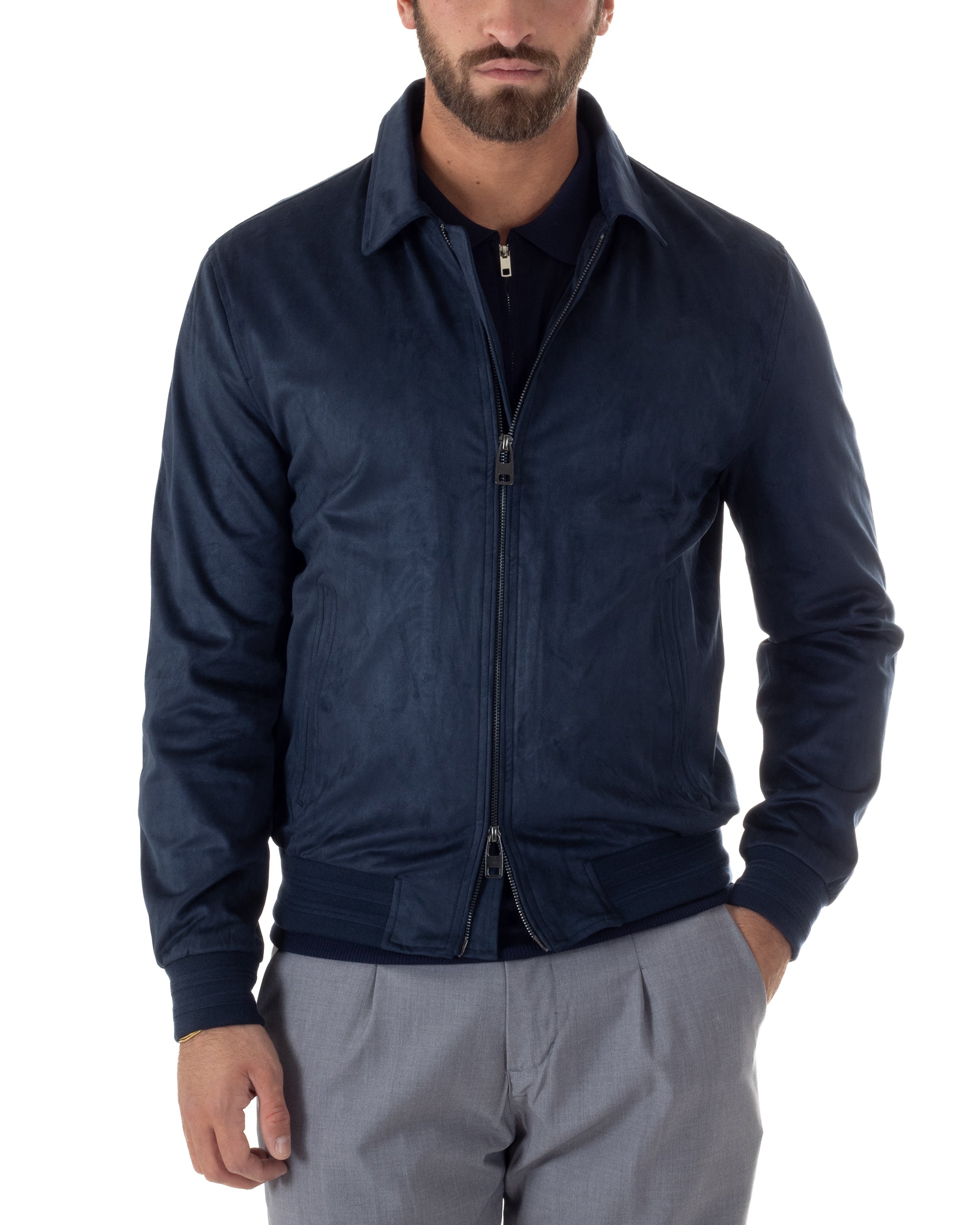 Giubbotto uomo blu navy eco camoscio zip frontale colletto slim fit