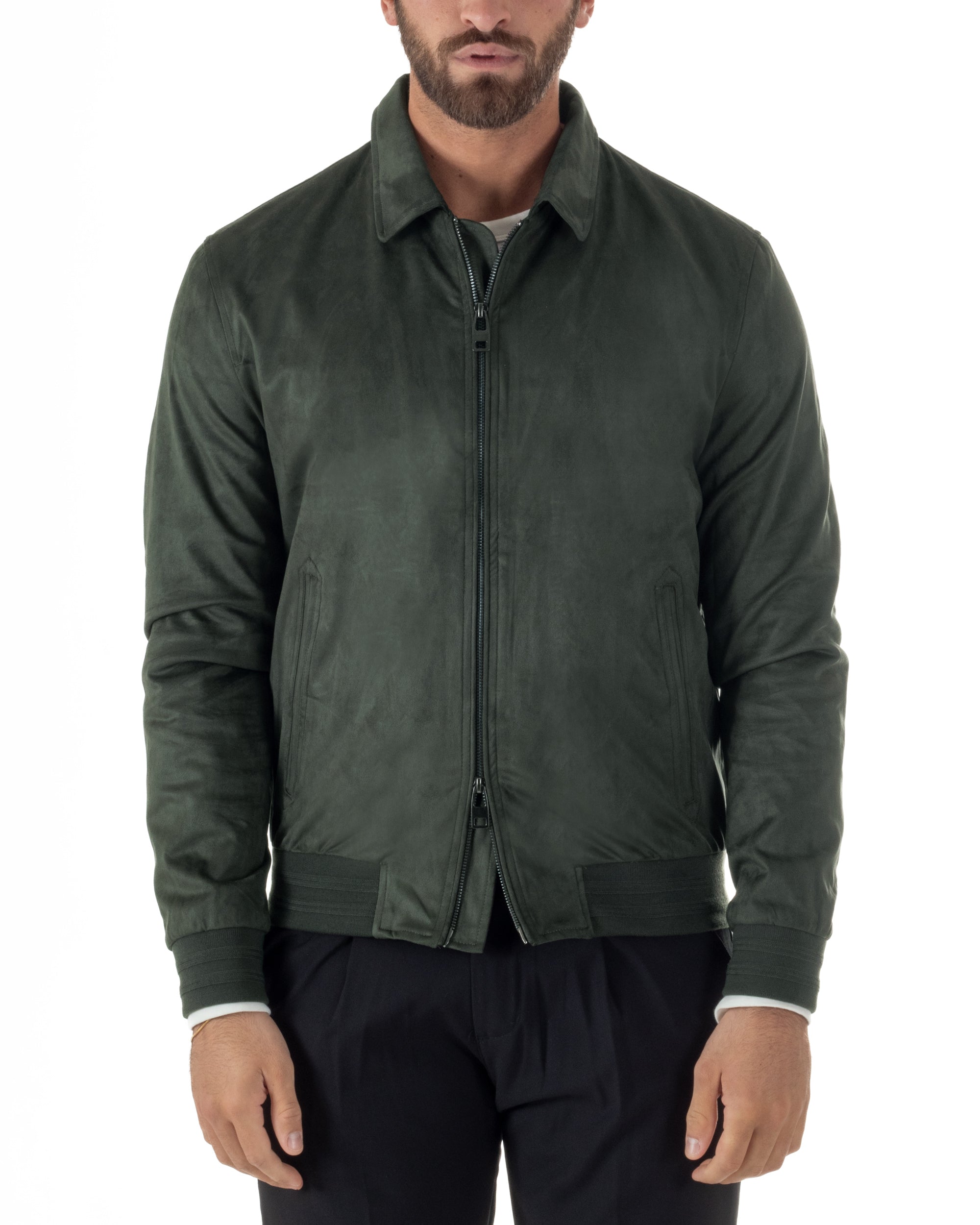  Giubbotto uomo verde militare eco camoscio zip frontale colletto slim fit