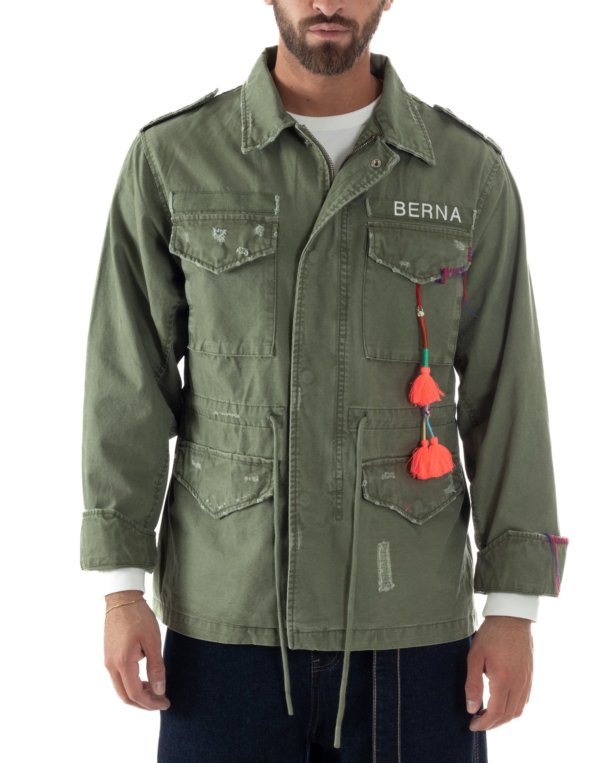 Overshirt sahariana uomo verde militare slavato field jacket Berna bohémien
