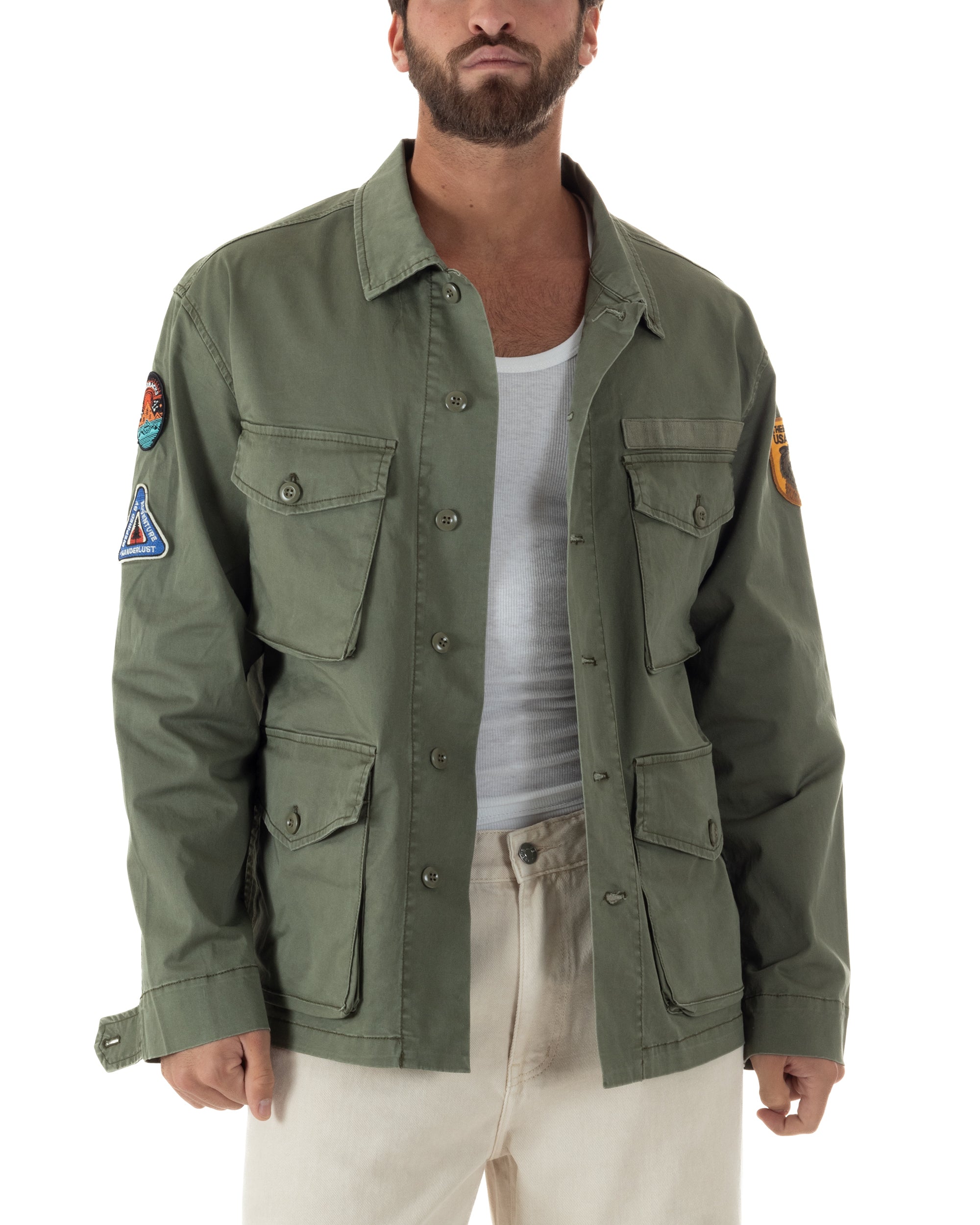 Giacca sahariana uomo verde militare field jacket tasconi patch maniche