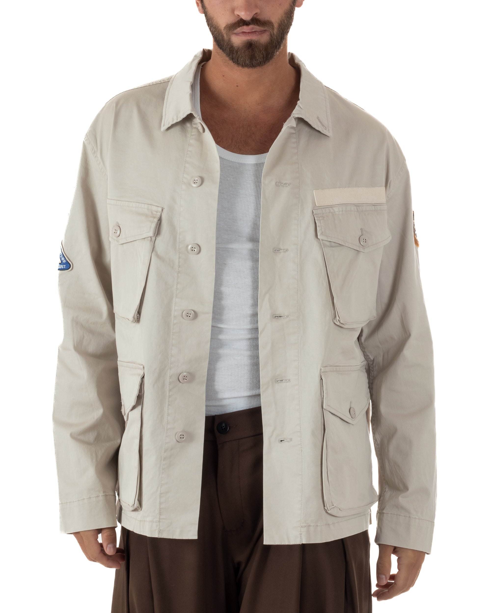 Giacca sahariana uomo beige field jacket tasconi patch maniche regular fit