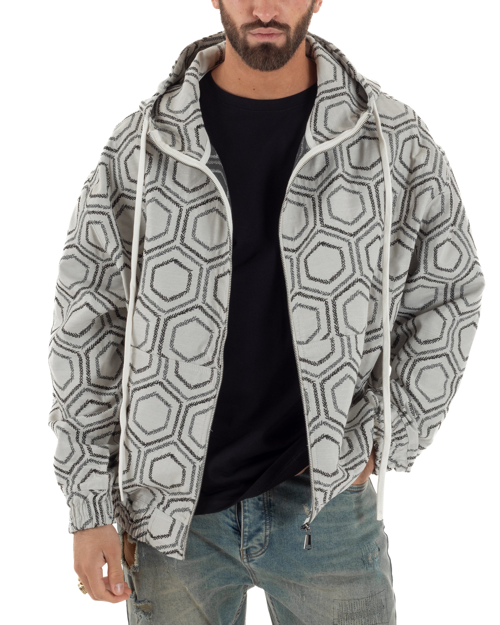 Vista frontale bomber bianco jacquard esagonale cappuccio cordino panna uomo