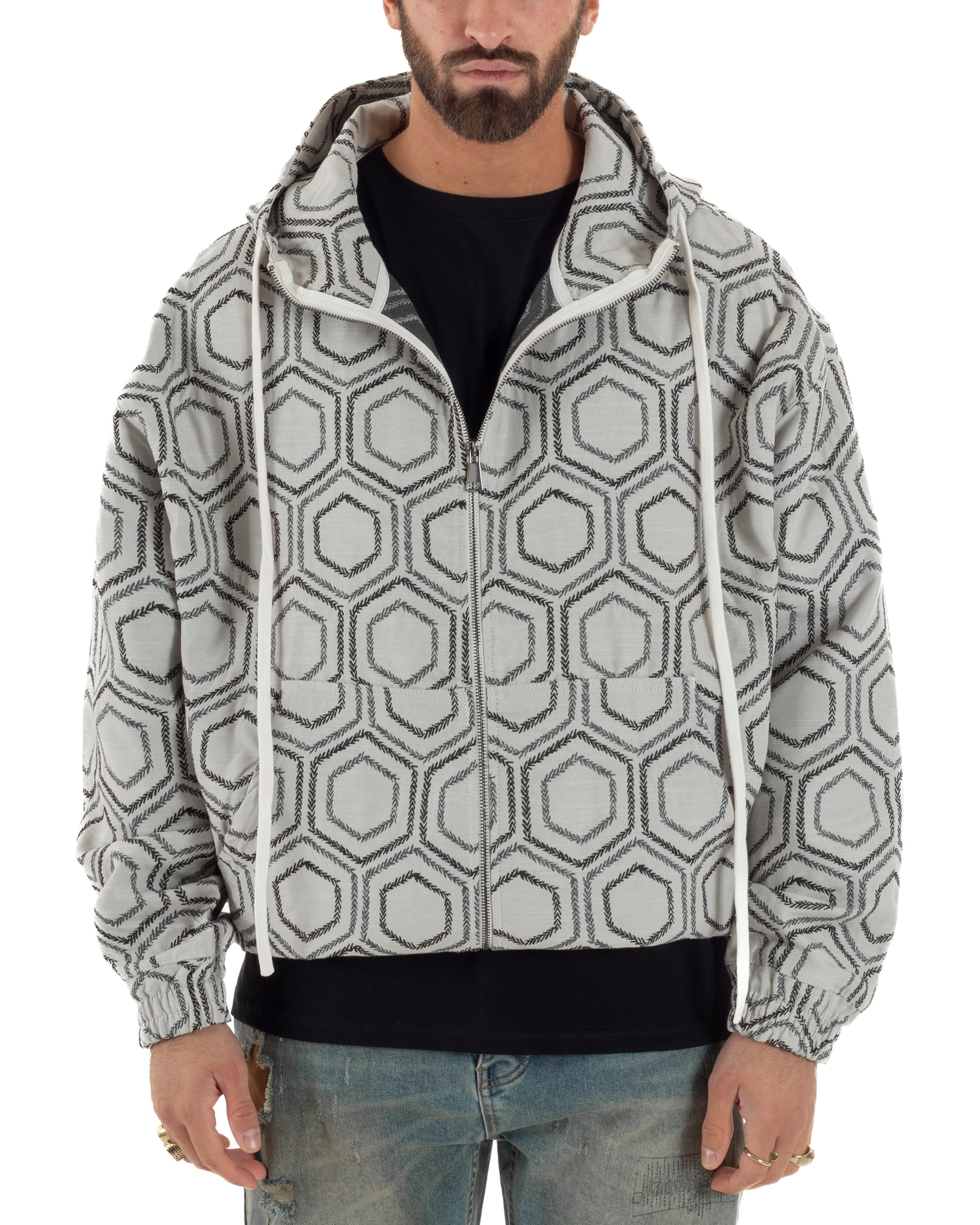 Dettaglio maniche ampie spalle dropped bomber bianco jacquard esagonale uomo