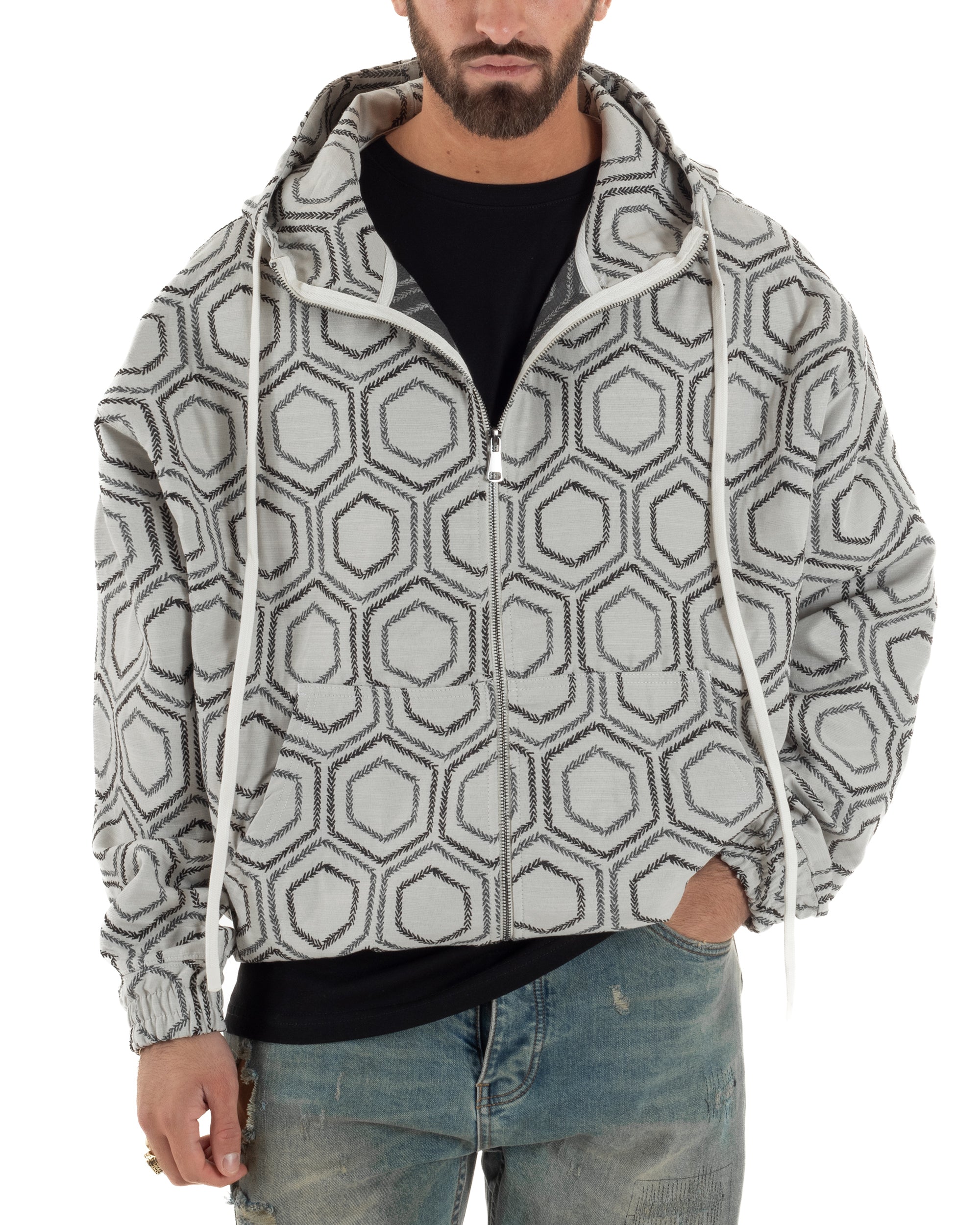 Giacca bomber uomo bianco jacquard esagonale cappuccio zip doppio cursore oversize