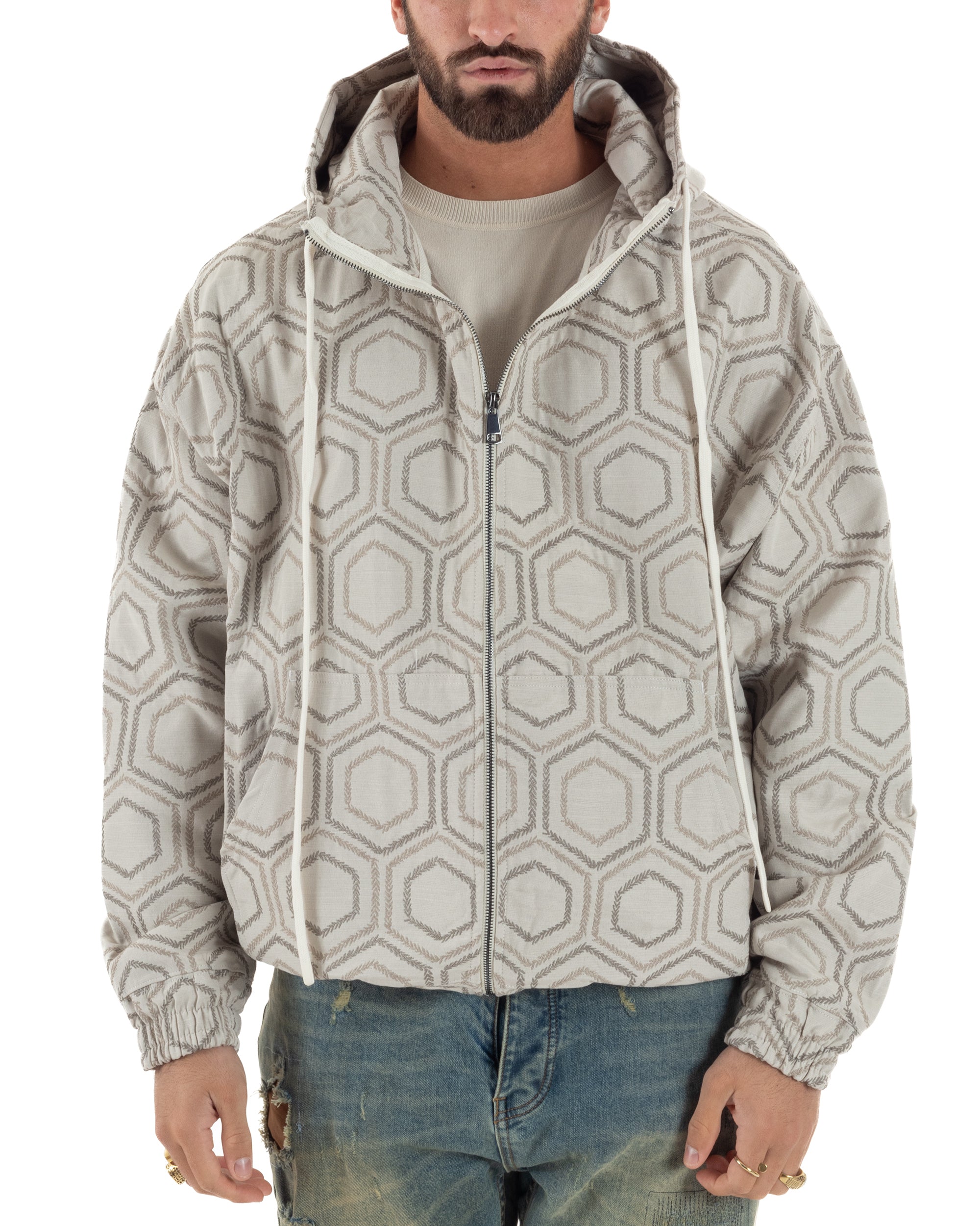 Vista frontale bomber beige jacquard esagonale cappuccio cordino panna uomo