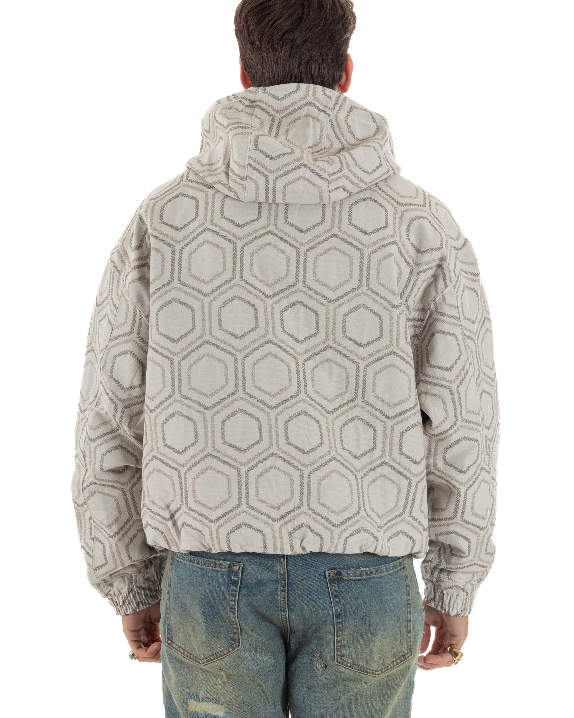 Vista posteriore giacca bomber uomo beige jacquard esagonale oversize