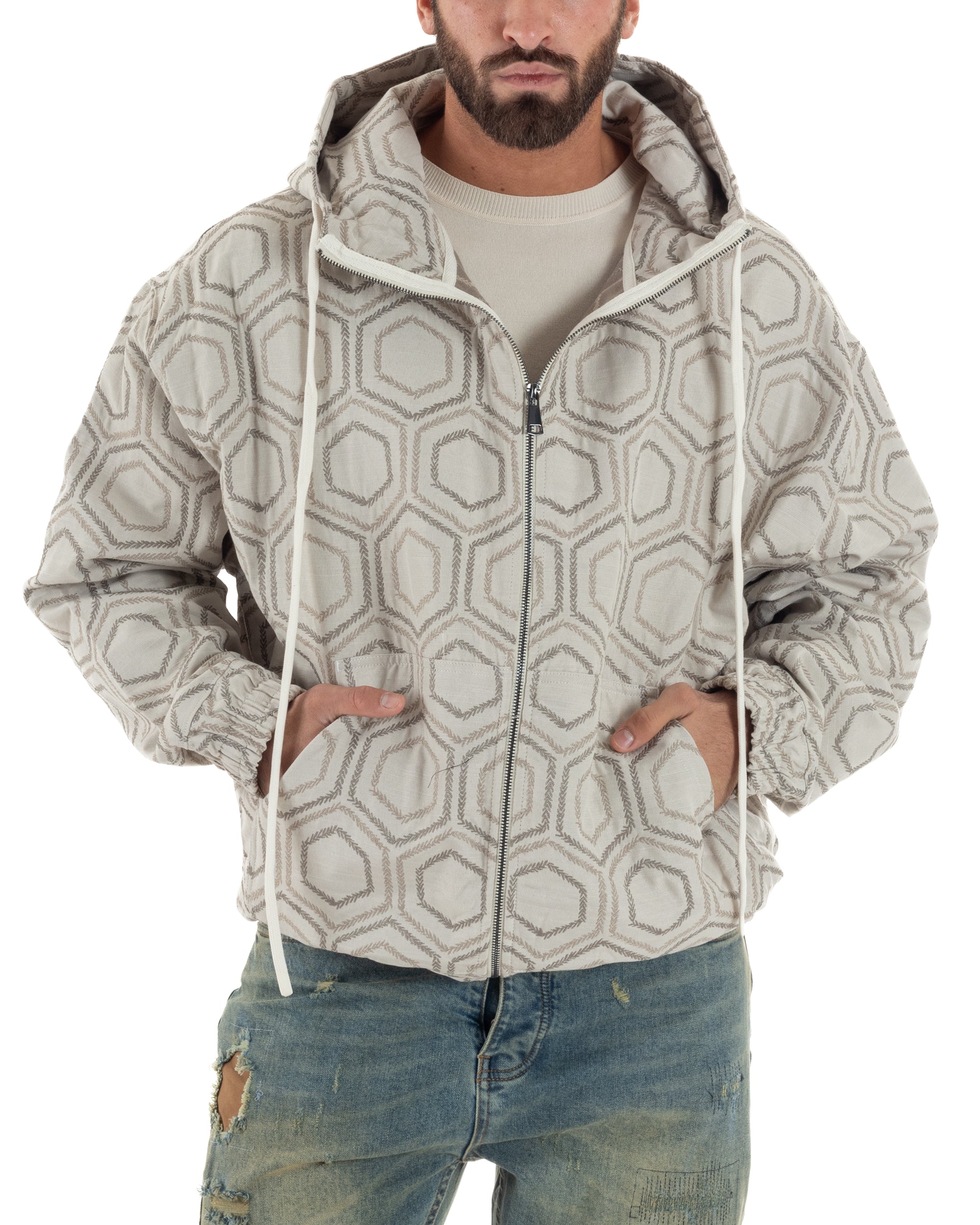 Giacca bomber uomo beige jacquard esagonale cappuccio zip doppio cursore oversize