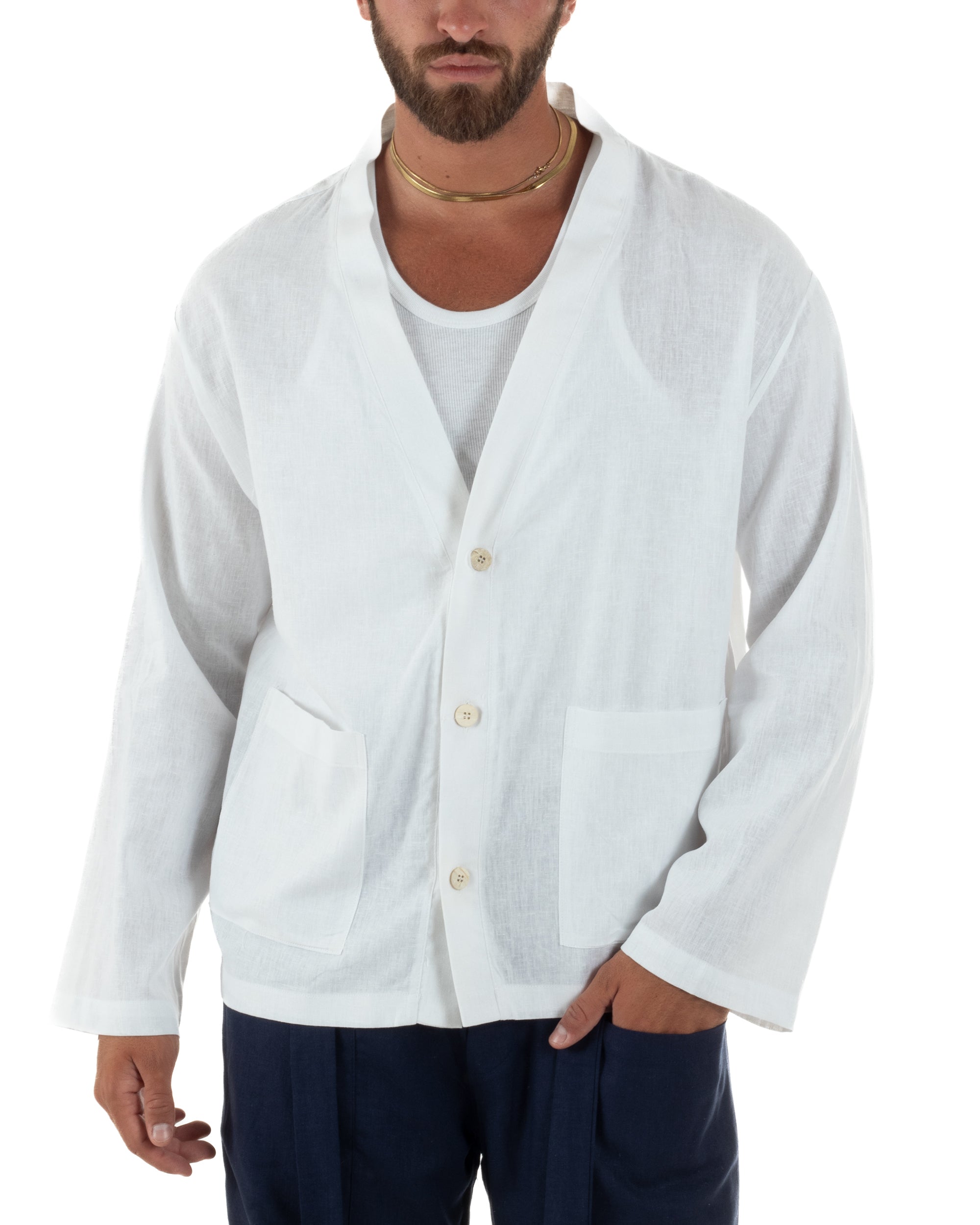 Giacca uomo lino scollo a v relaxed fit tasconi bianco GIOSAL-G3401A
