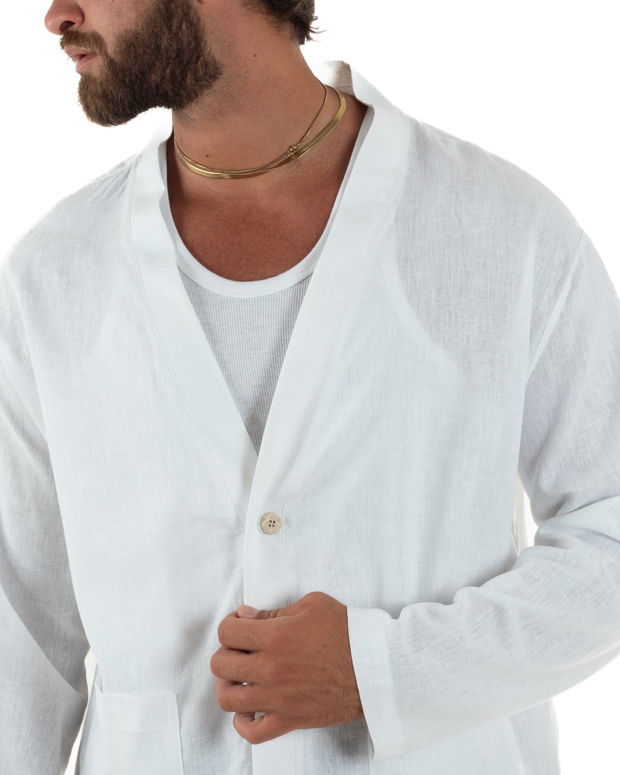 Giacca uomo lino scollo a v relaxed fit tasconi bianco GIOSAL-G3401A