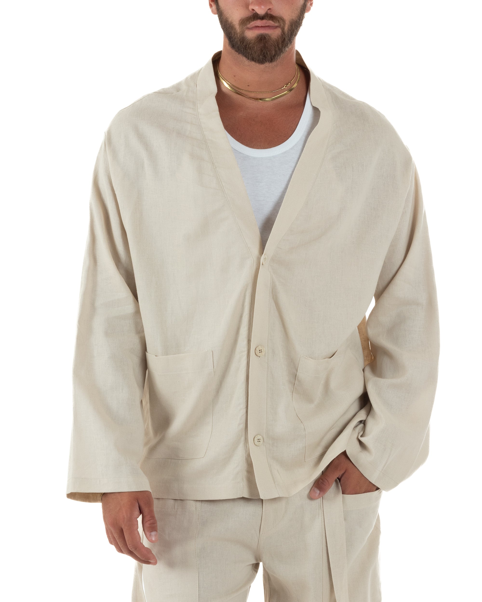 Giacca uomo lino scollo a v relaxed fit tasconi beige GIOSAL-G3402A
