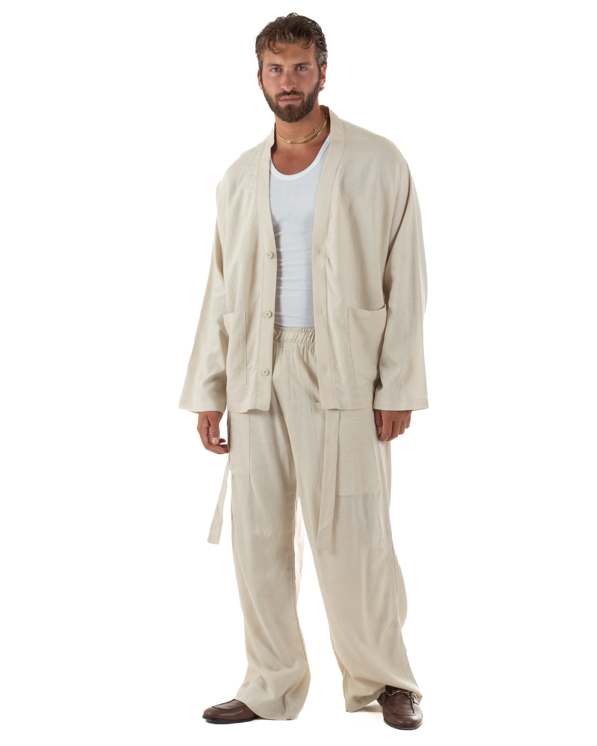 Giacca uomo lino scollo a v relaxed fit tasconi beige GIOSAL-G3402A