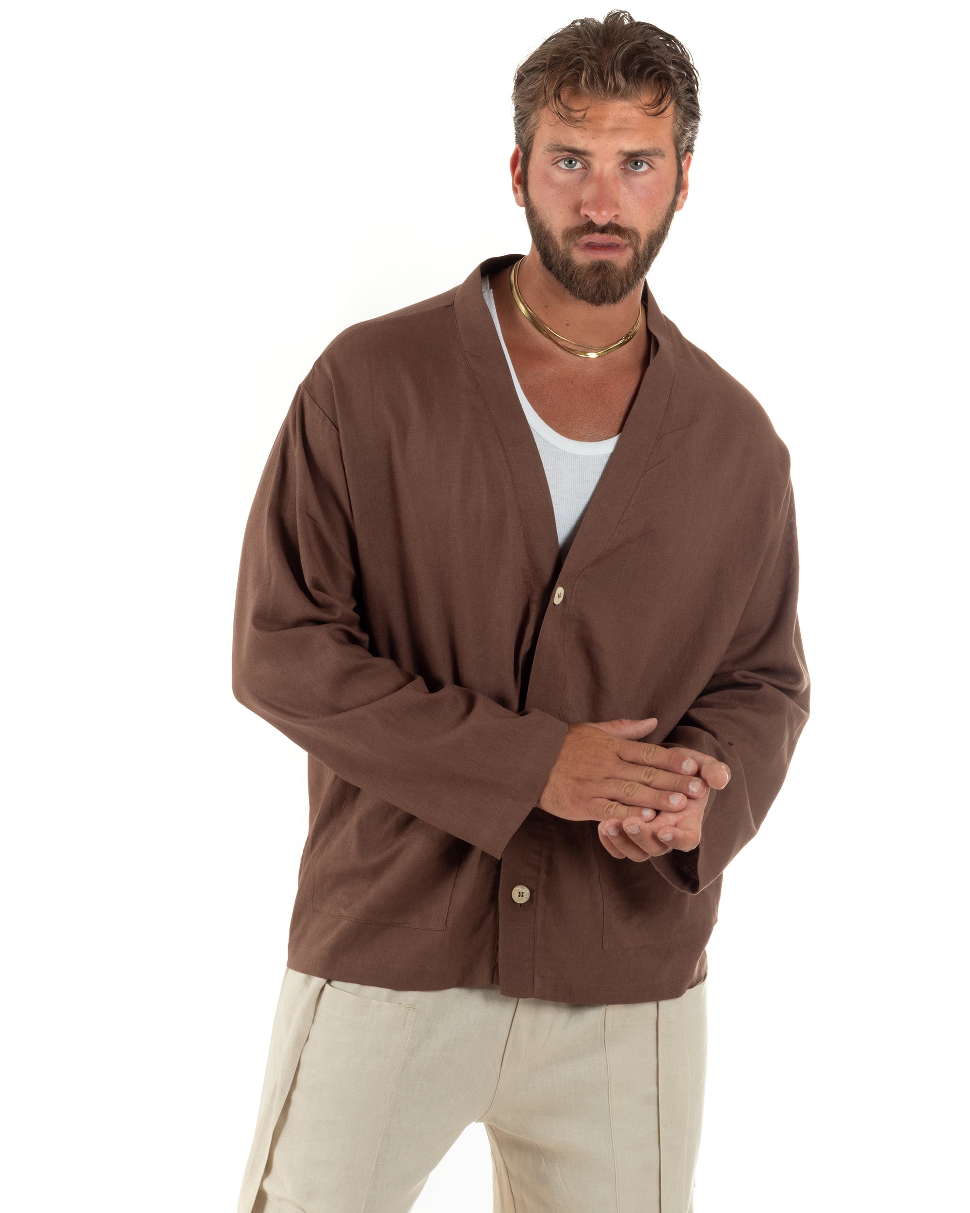 Giacca uomo lino scollo a v relaxed fit tasconi marrone GIOSAL-G3403A