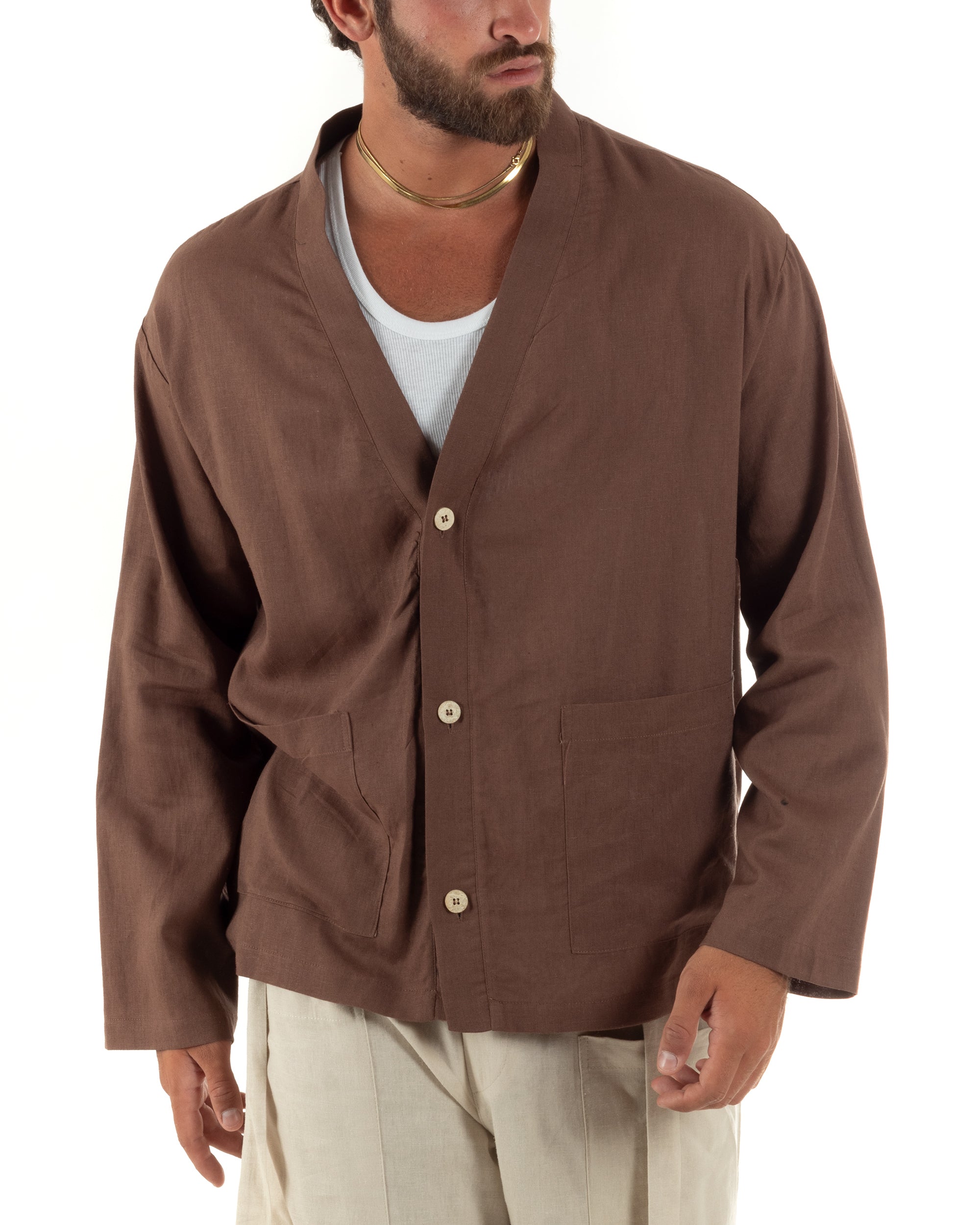 Giacca uomo lino scollo a v relaxed fit tasconi marrone GIOSAL-G3403A