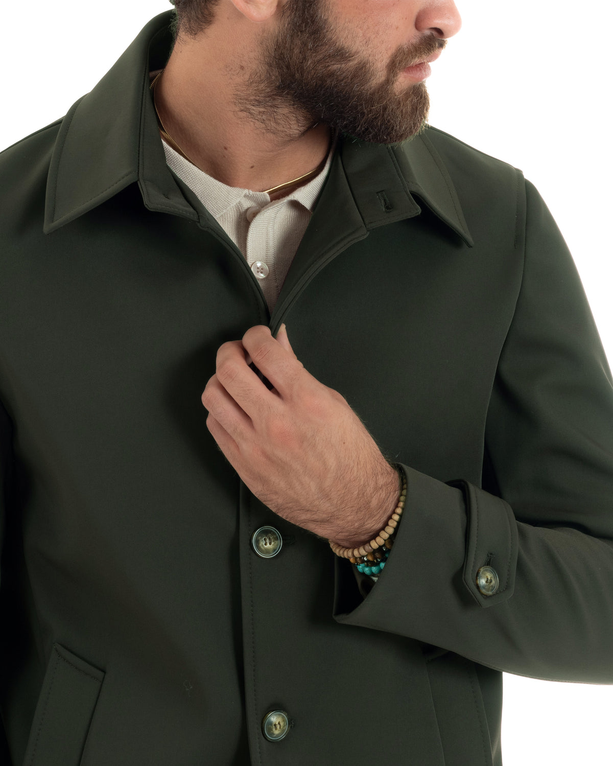 Giubbotto uomo imbottito trench lungo con colletto basic giaccone caldo tessuto impermeabile casual tinta unita verde GIOSAL-G3405A