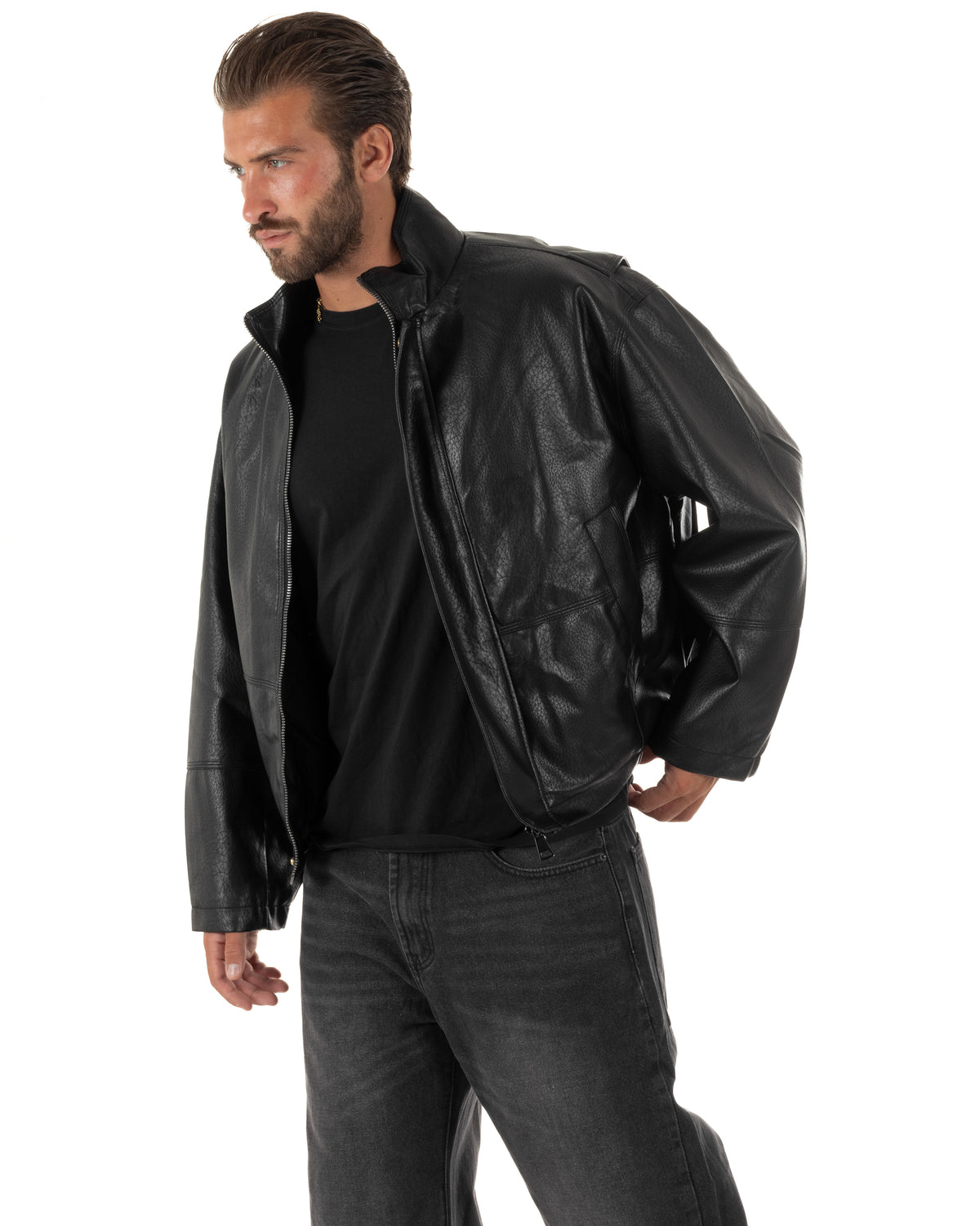 Giubbotto uomo crop giacca bomber boxy zip collo alto ecopelle nero GIOSAL-G3406A