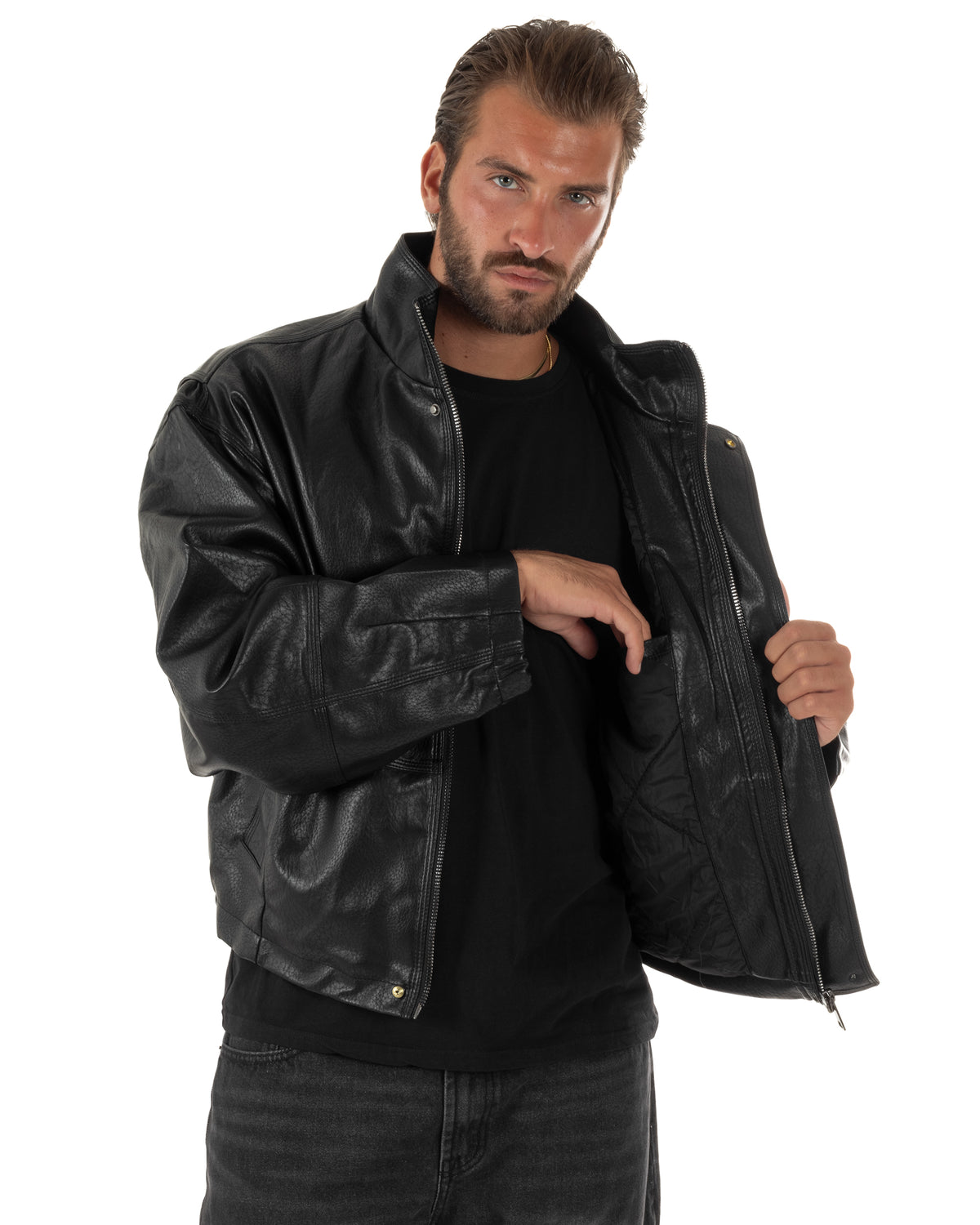 Giubbotto uomo crop giacca bomber boxy zip collo alto ecopelle nero GIOSAL-G3406A