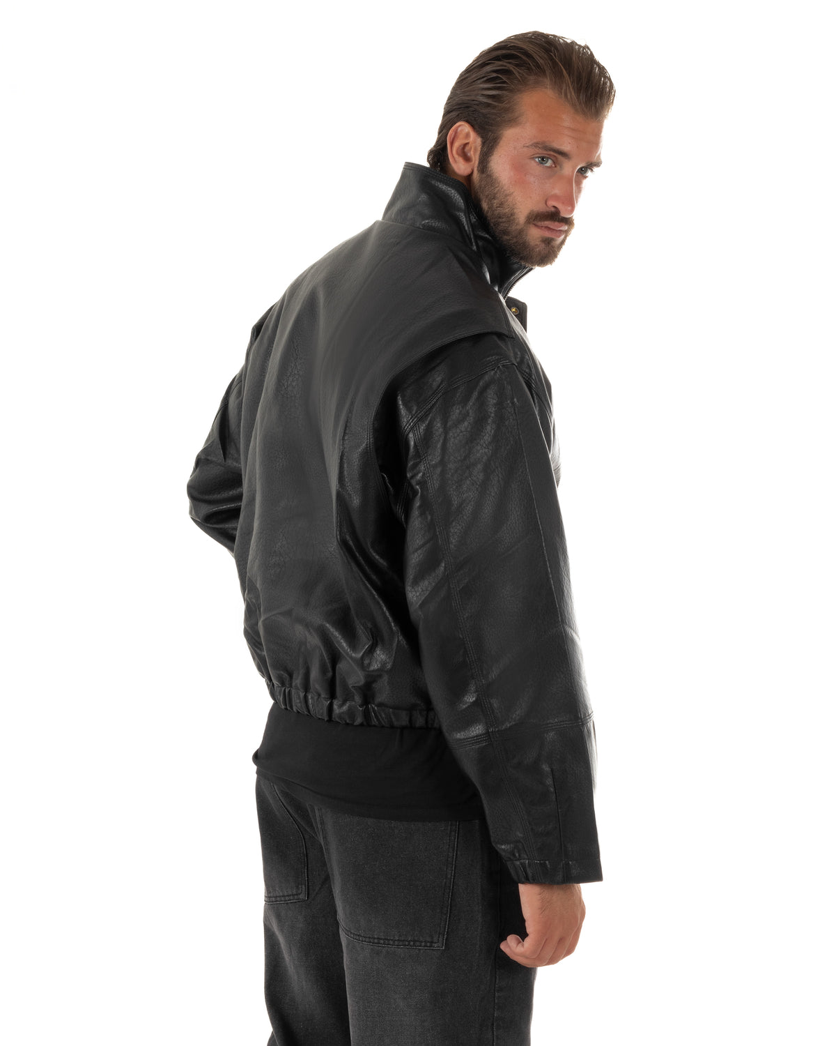 Giubbotto uomo crop giacca bomber boxy zip collo alto ecopelle nero GIOSAL-G3406A