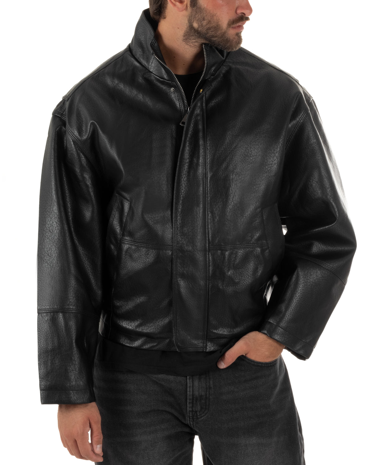 Giubbotto uomo crop giacca bomber boxy zip collo alto ecopelle nero GIOSAL-G3406A