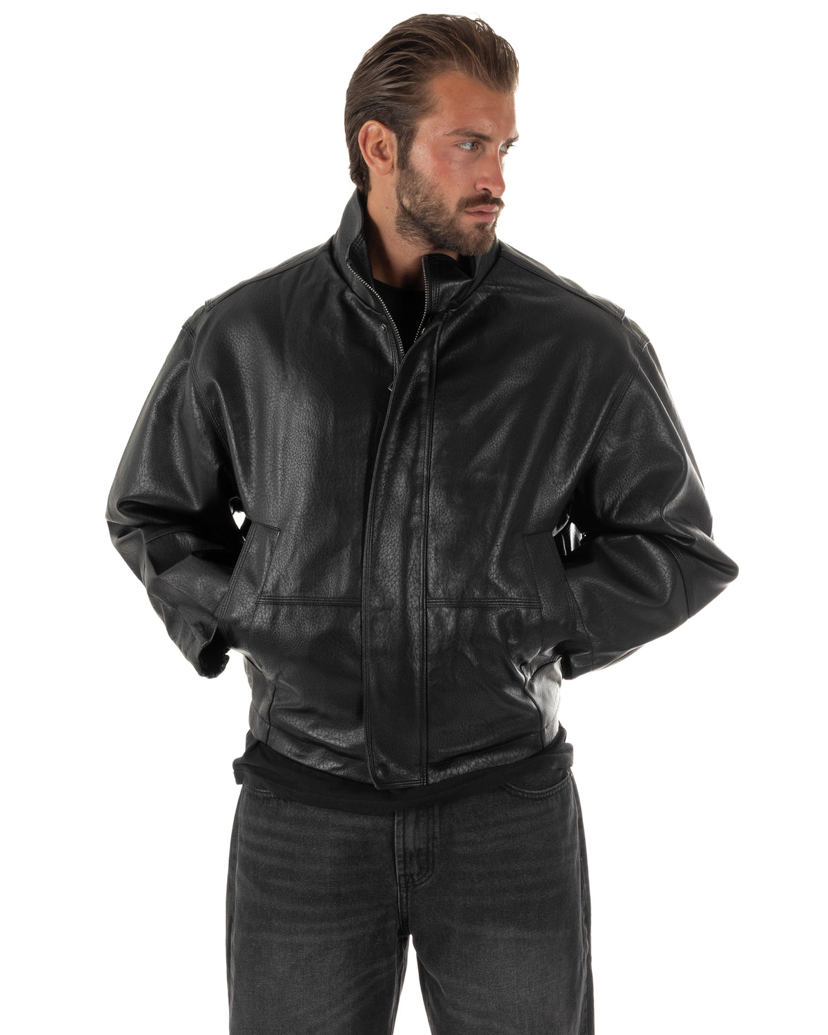 Giubbotto uomo crop giacca bomber boxy zip collo alto ecopelle nero GIOSAL-G3406A