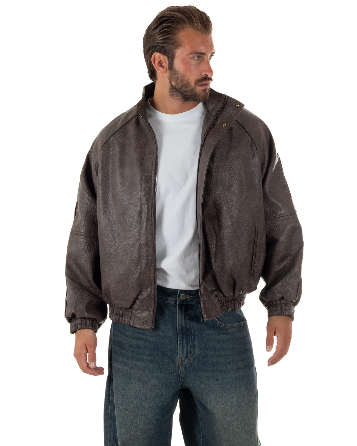 Giubbotto uomo giacca bomber boxy collo alto ecopelle marrone GIOSAL-G3407A