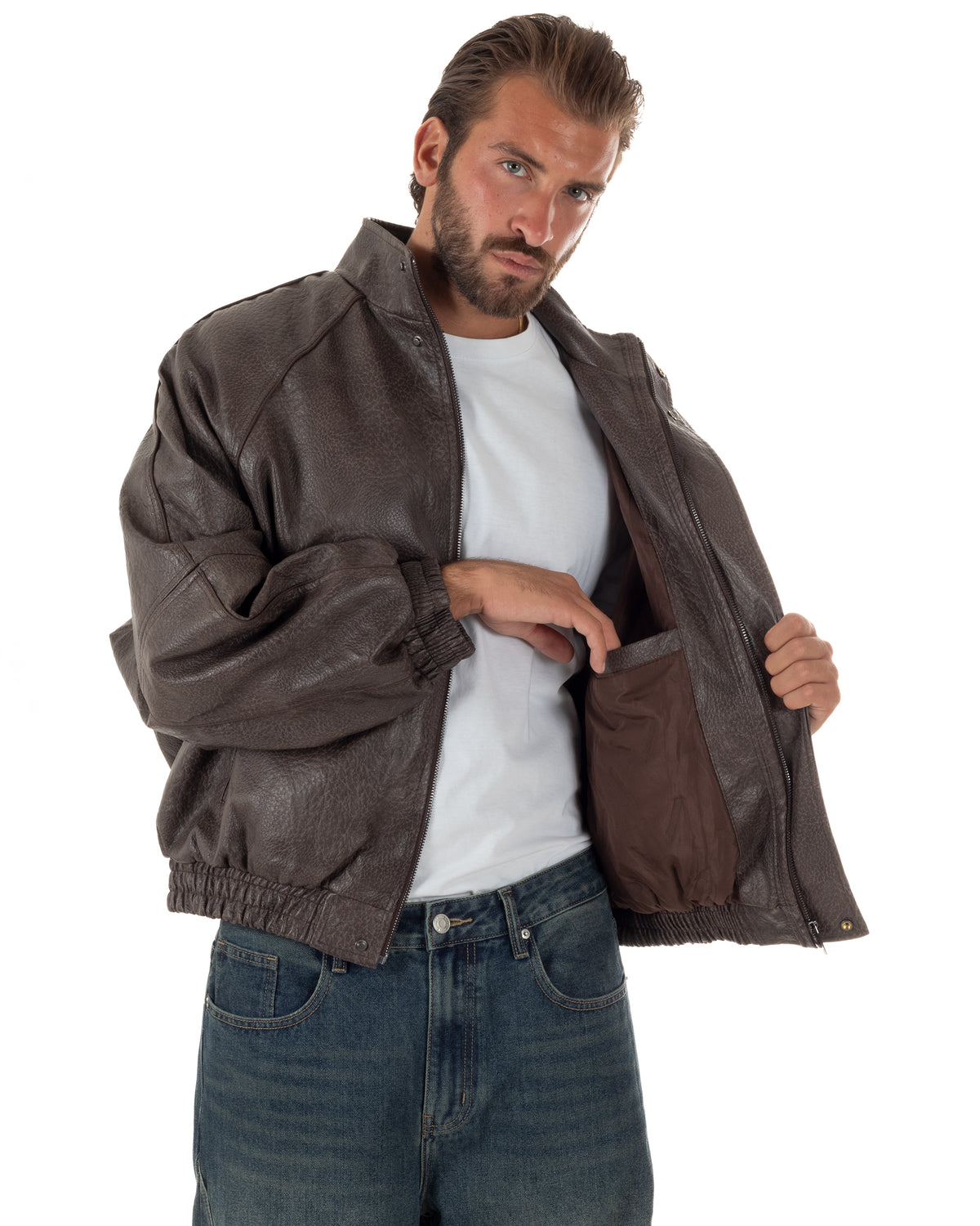 Giubbotto uomo giacca bomber boxy collo alto ecopelle marrone GIOSAL-G3407A