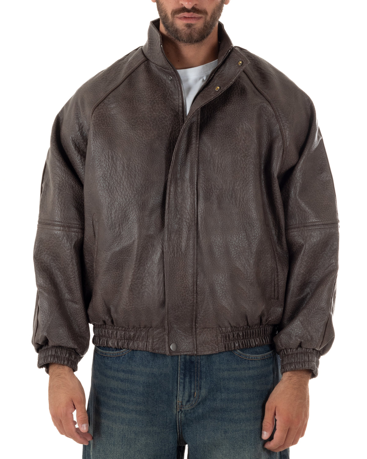 Giubbotto uomo giacca bomber boxy collo alto ecopelle marrone GIOSAL-G3407A