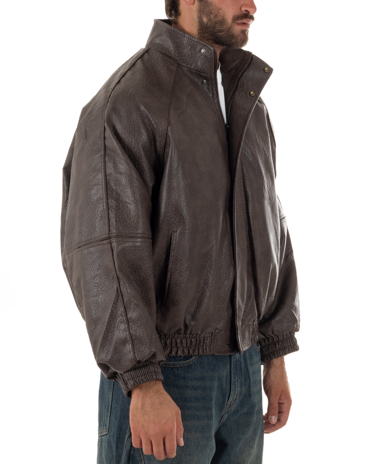 Giubbotto uomo giacca bomber boxy collo alto ecopelle marrone GIOSAL-G3407A
