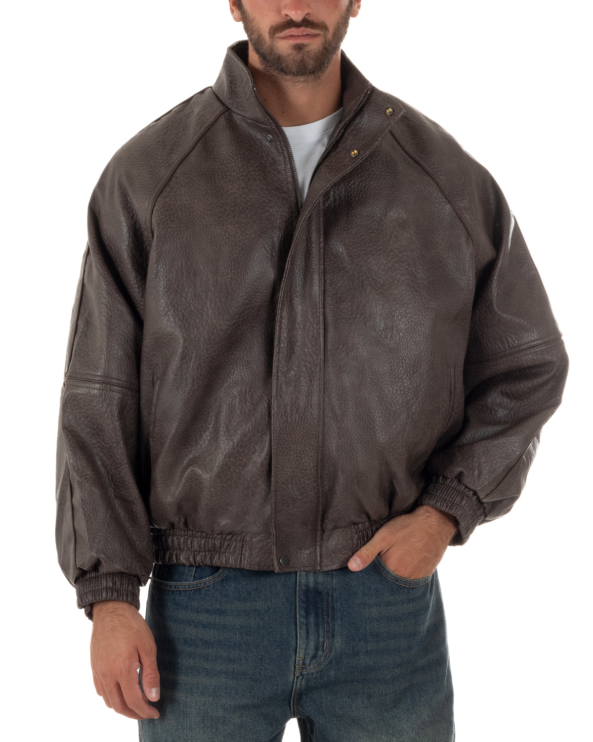 Giubbotto uomo giacca bomber boxy collo alto ecopelle marrone GIOSAL-G3407A