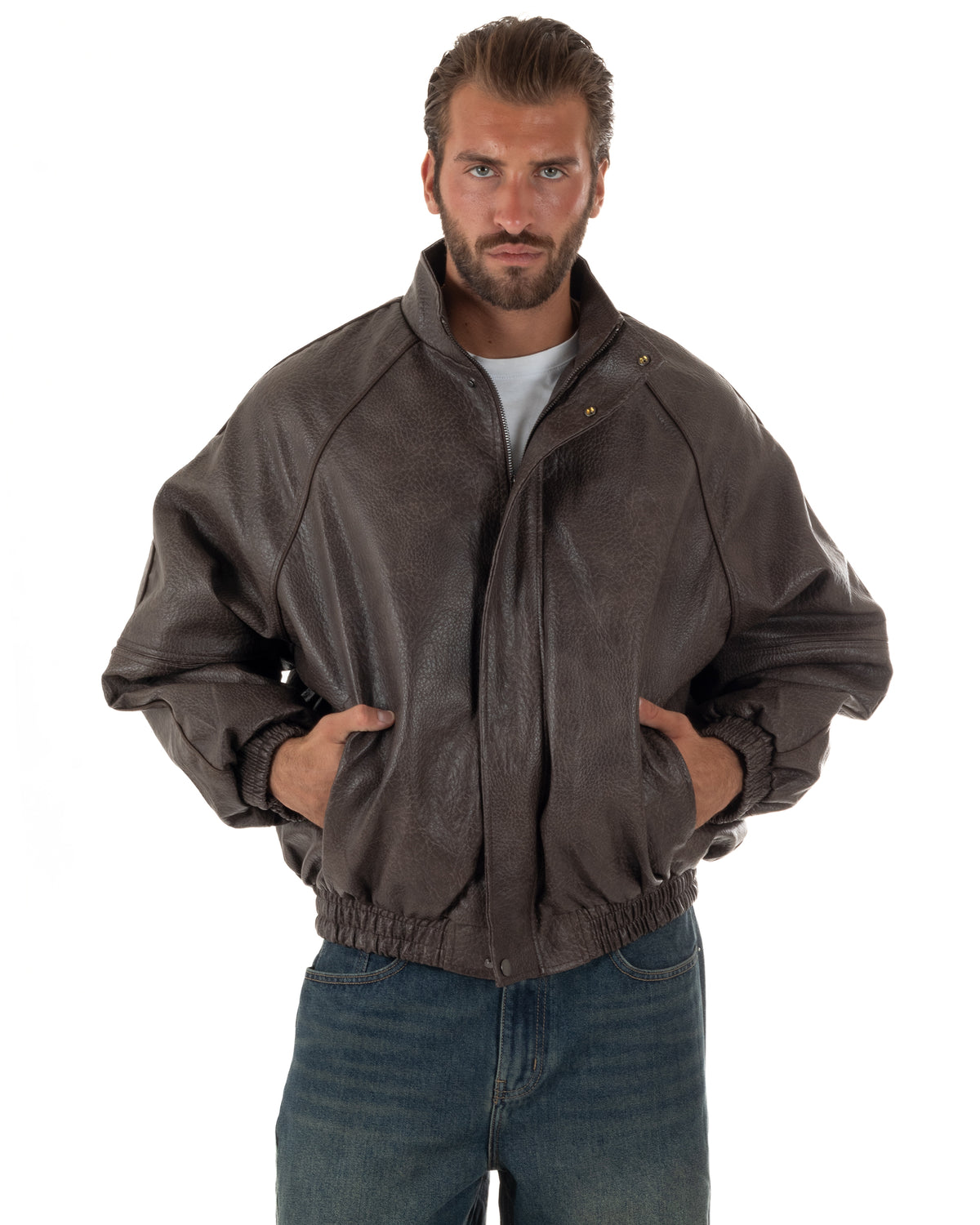 Giubbotto uomo giacca bomber boxy collo alto ecopelle marrone GIOSAL-G3407A