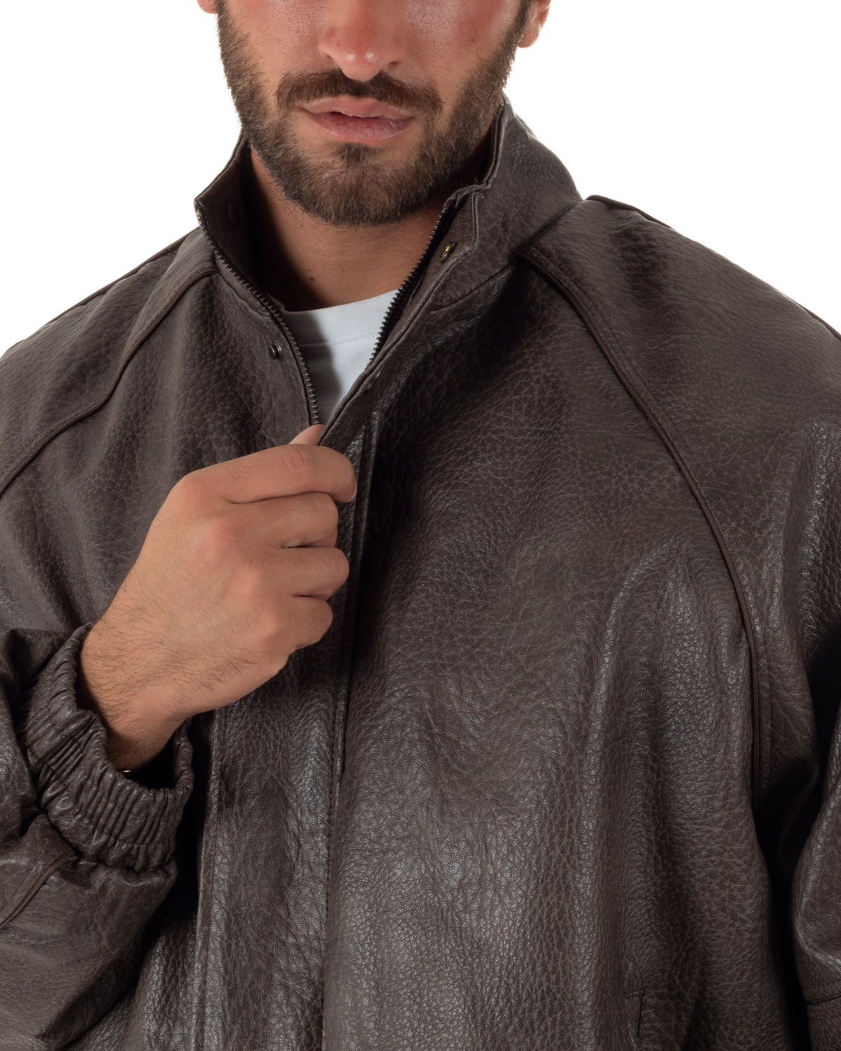 Giubbotto uomo giacca bomber boxy collo alto ecopelle marrone GIOSAL-G3407A