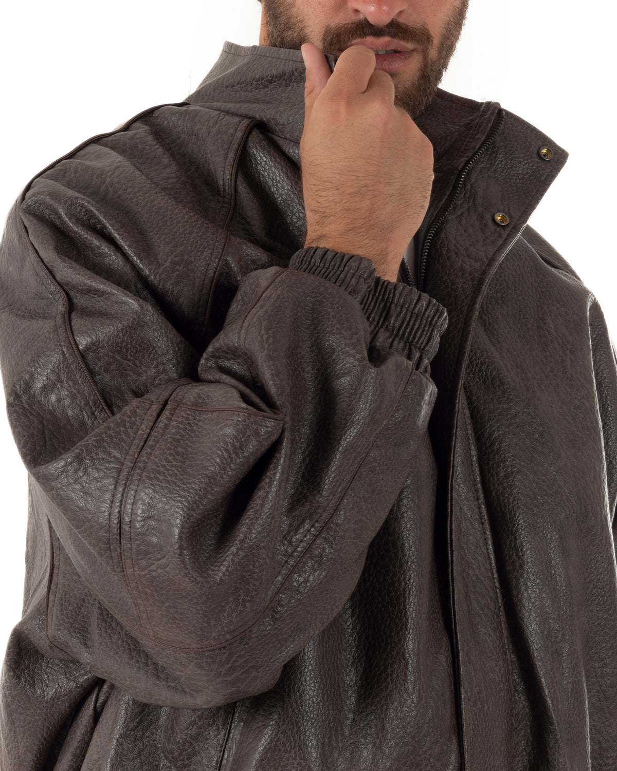 Giubbotto uomo giacca bomber boxy collo alto ecopelle marrone GIOSAL-G3407A