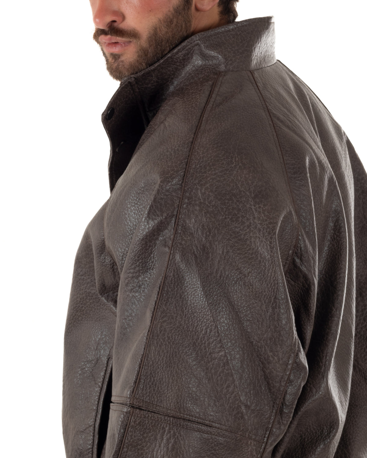 Giubbotto uomo giacca bomber boxy collo alto ecopelle marrone GIOSAL-G3407A