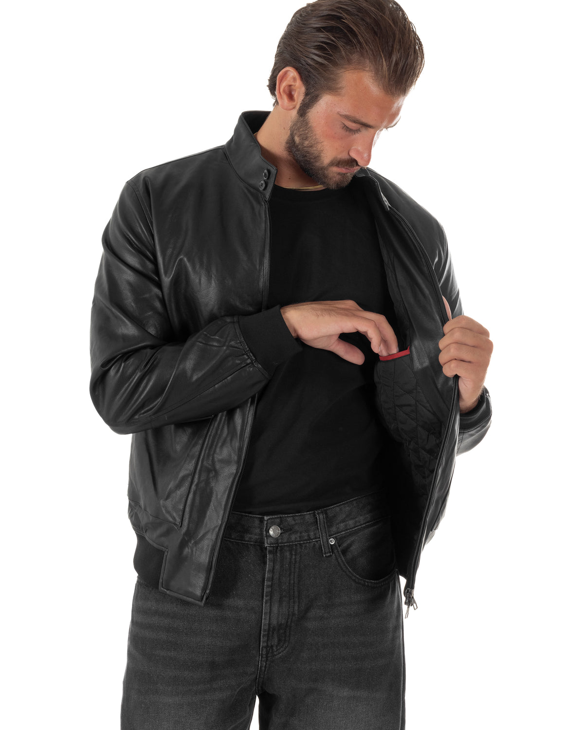 Giubbotto uomo college ecopelle biker collo alto tasche a patta nero GIOSAL-G3408A