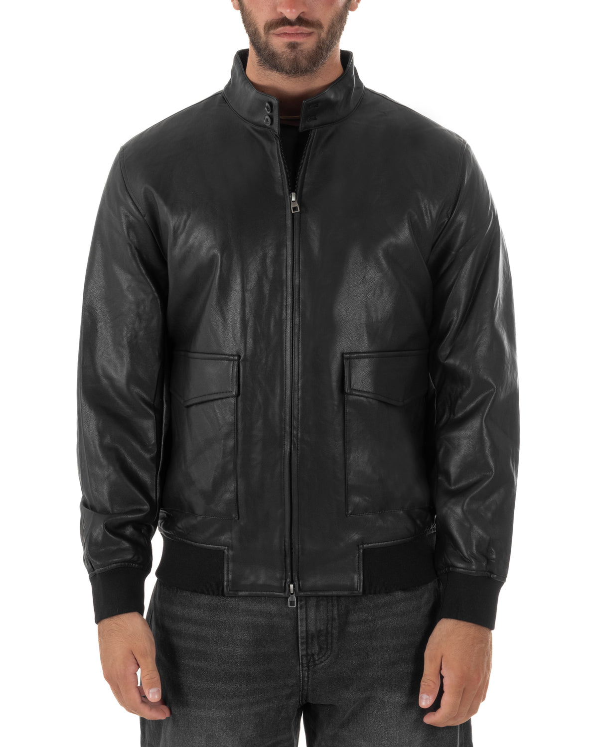 Giubbotto uomo college ecopelle biker collo alto tasche a patta nero GIOSAL-G3408A