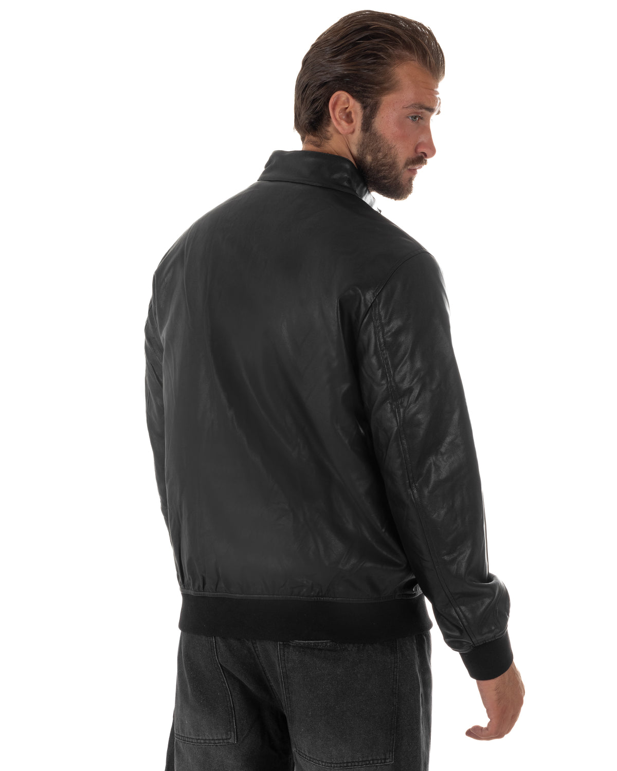 Giubbotto uomo college ecopelle biker collo alto tasche a patta nero GIOSAL-G3408A