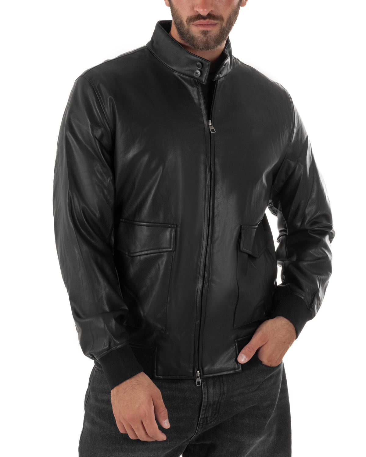 Giubbotto uomo college ecopelle biker collo alto tasche a patta nero GIOSAL-G3408A