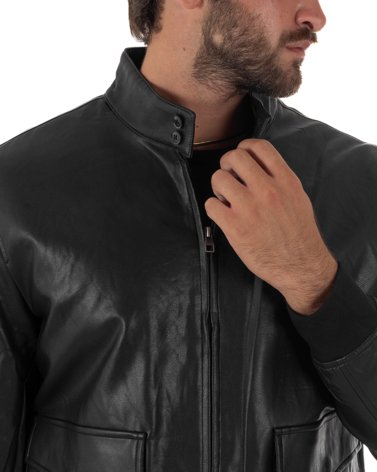 Giubbotto uomo college ecopelle biker collo alto tasche a patta nero GIOSAL-G3408A