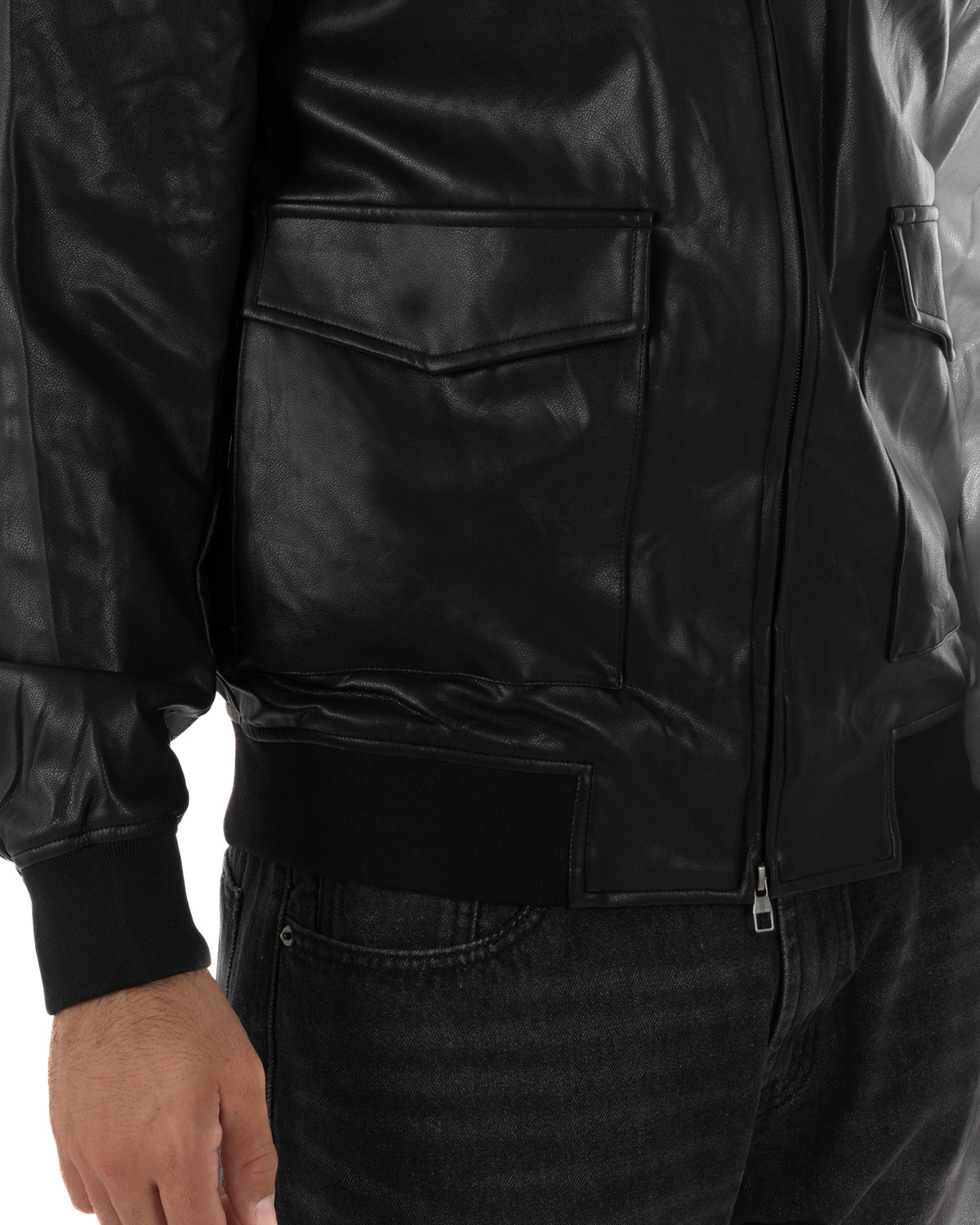 Giubbotto uomo college ecopelle biker collo alto tasche a patta nero GIOSAL-G3408A