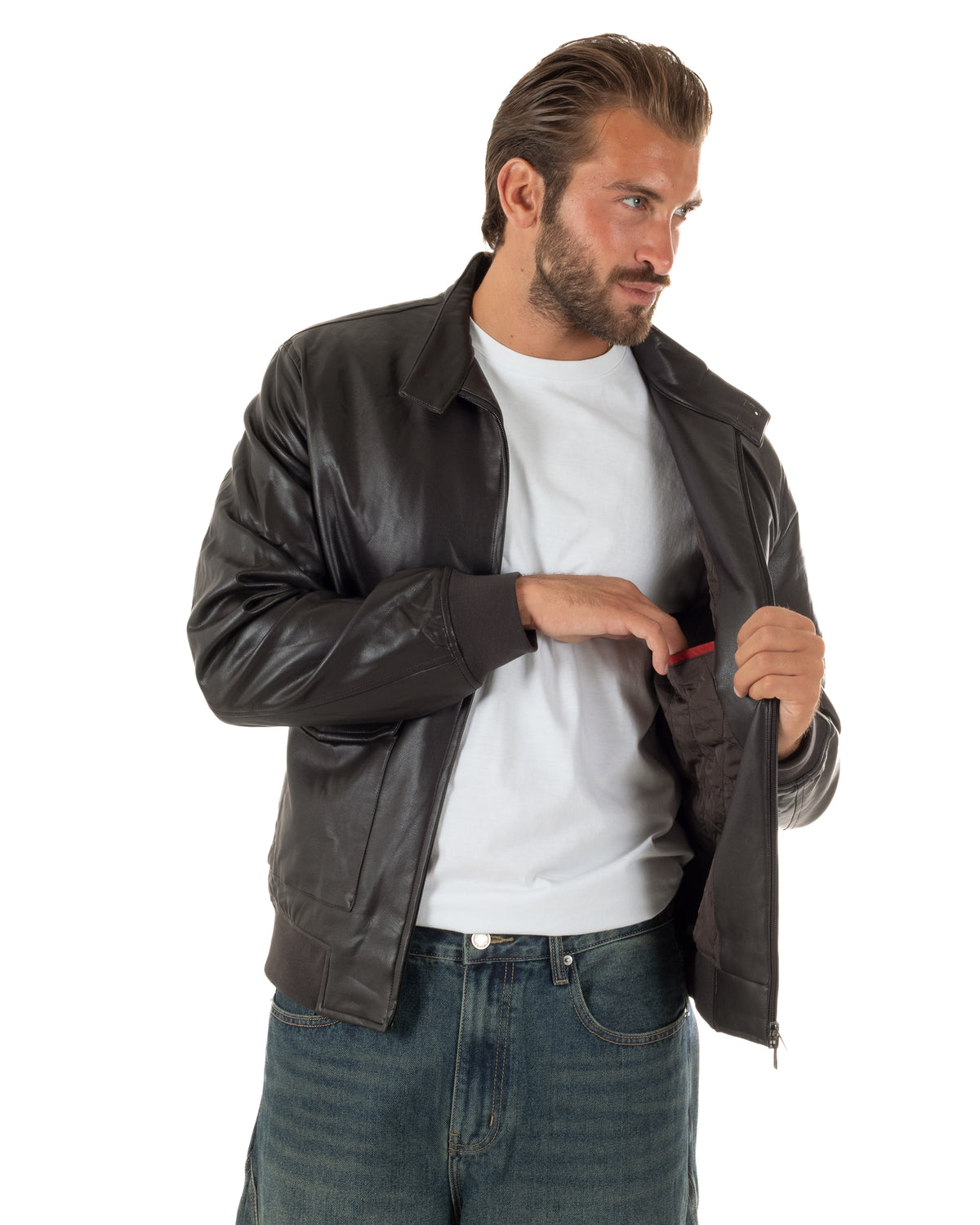 Giubbotto uomo college ecopelle biker collo alto tasche a patta testa di moro GIOSAL-G3409A