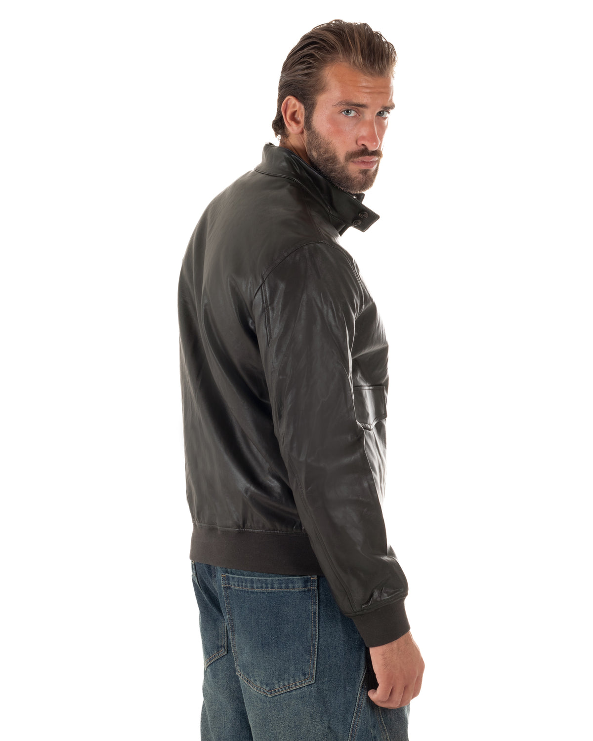 Giubbotto uomo college ecopelle biker collo alto tasche a patta testa di moro GIOSAL-G3409A