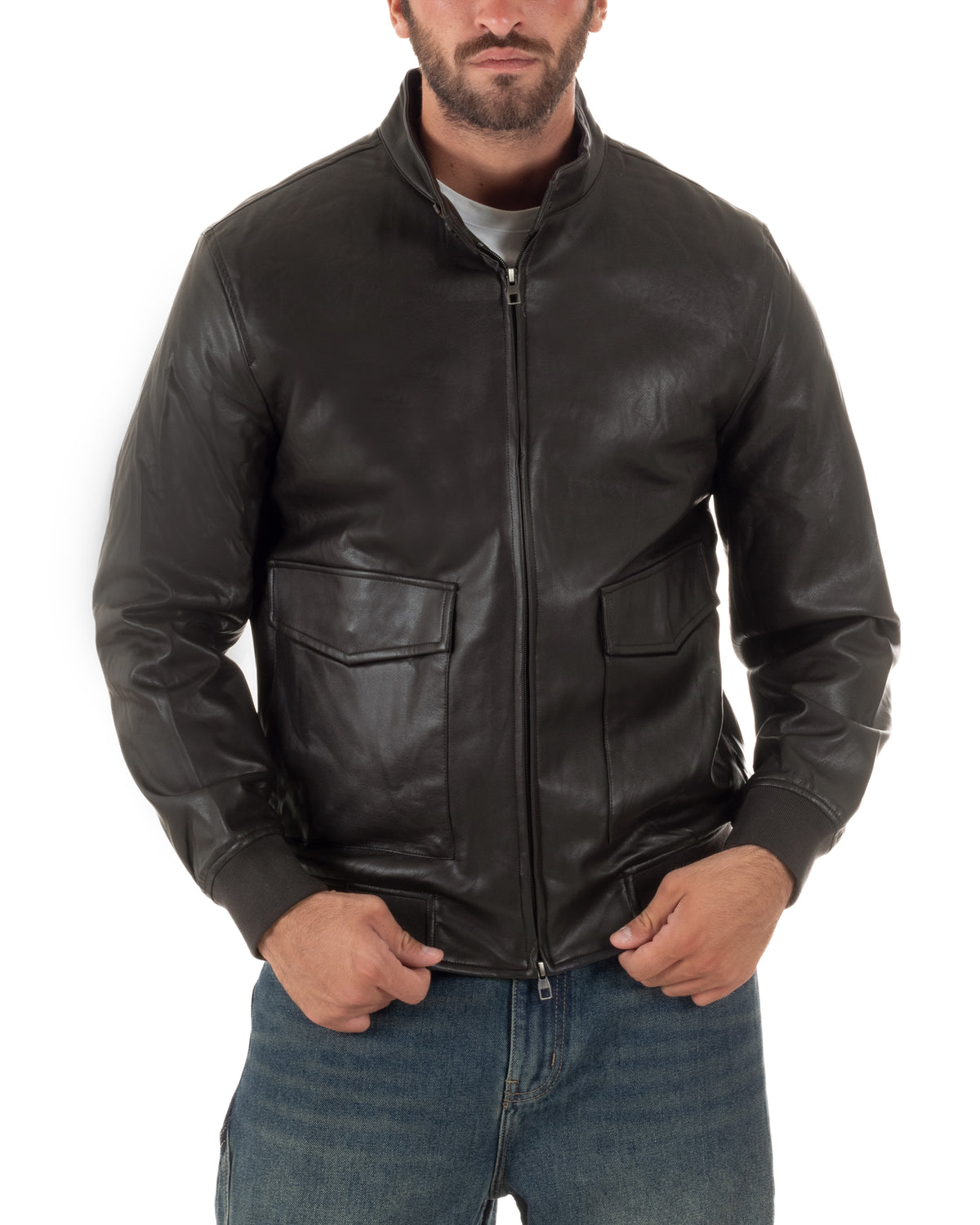Giubbotto uomo college ecopelle biker collo alto tasche a patta testa di moro GIOSAL-G3409A