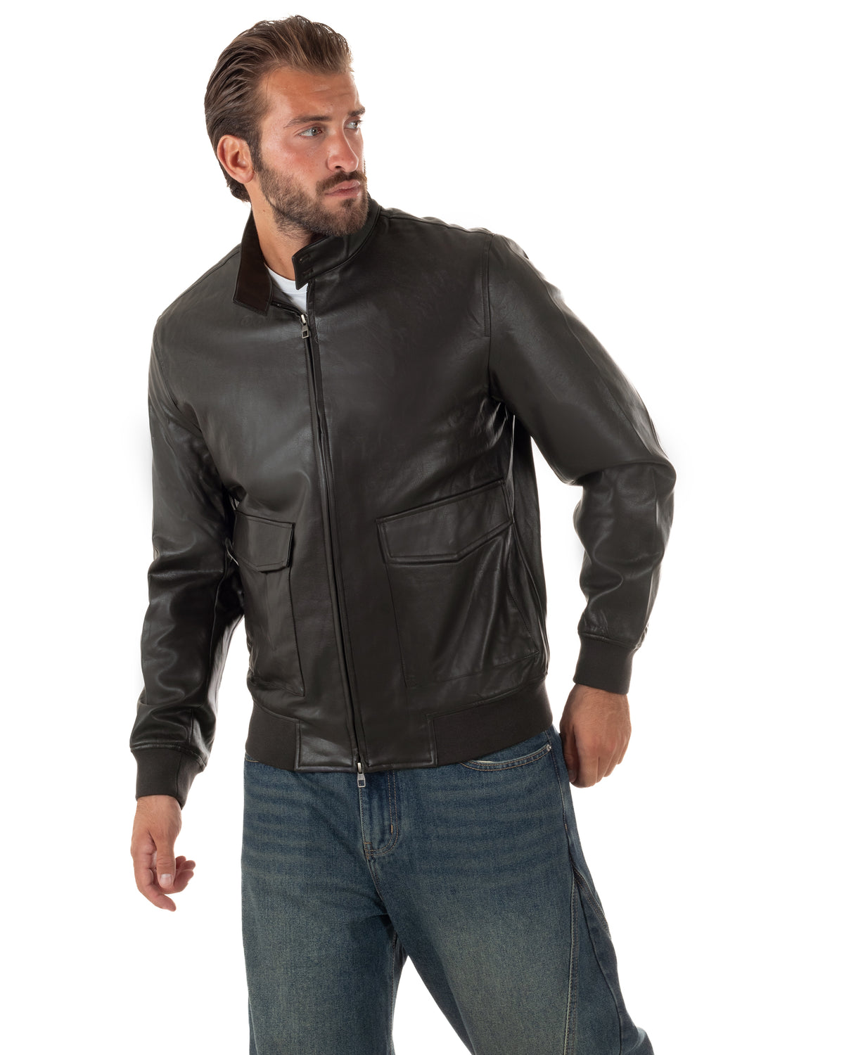 Giubbotto uomo college ecopelle biker collo alto tasche a patta testa di moro GIOSAL-G3409A