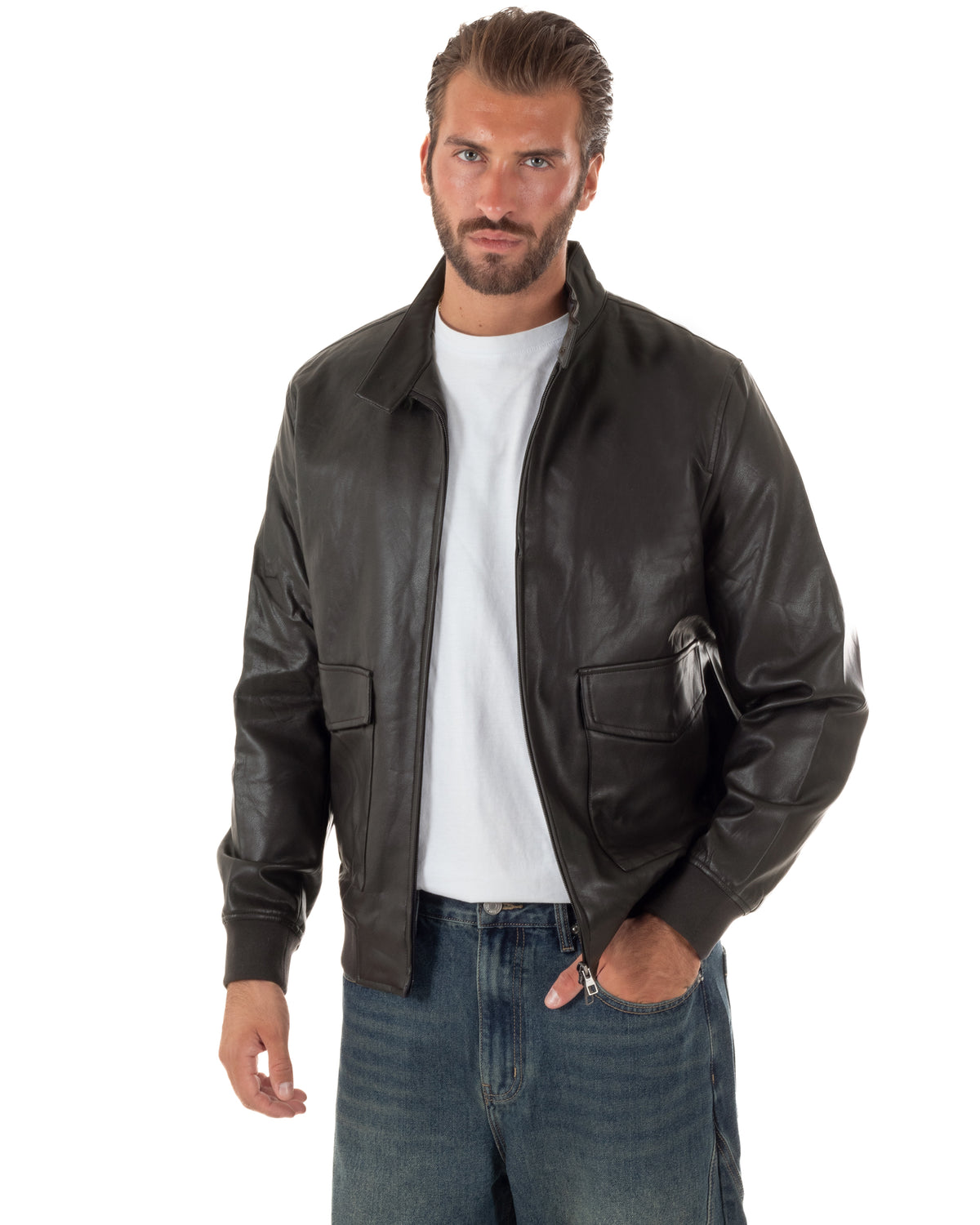 Giubbotto uomo college ecopelle biker collo alto tasche a patta testa di moro GIOSAL-G3409A