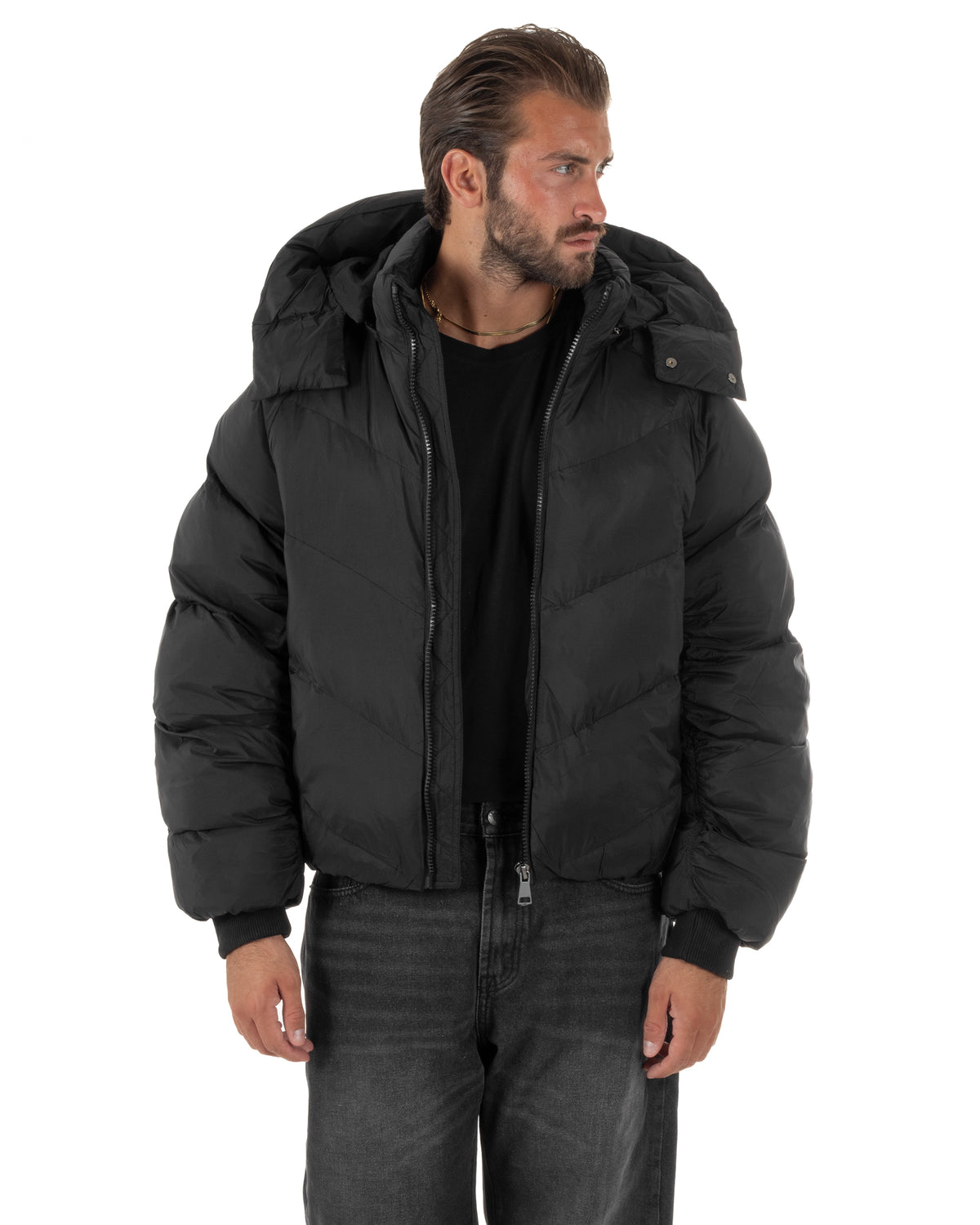 Giubbotto uomo oversize piumino bomber zip cappuccio opaco nero GIOSAL-G3410A