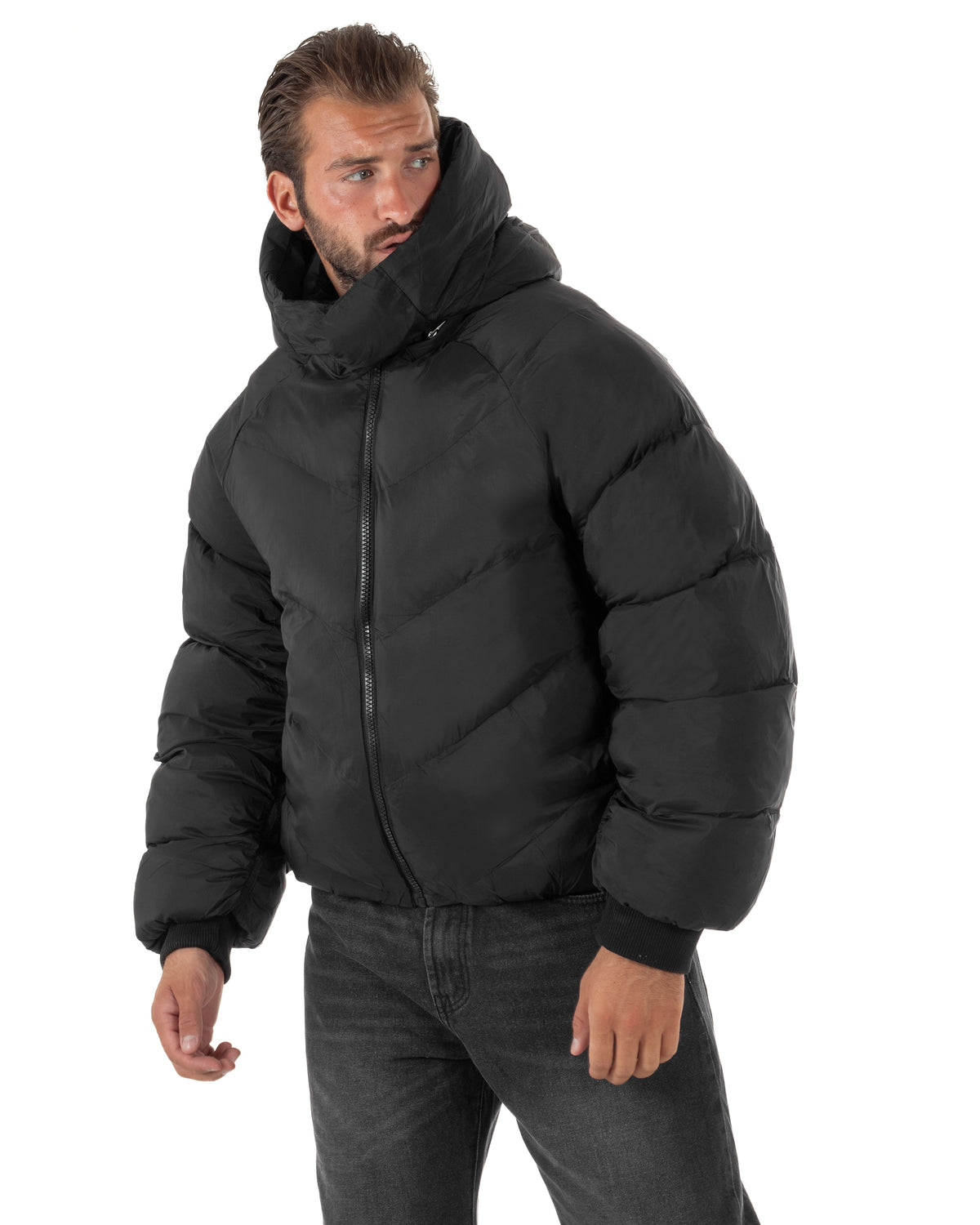 Giubbotto uomo oversize piumino bomber zip cappuccio opaco nero GIOSAL-G3410A