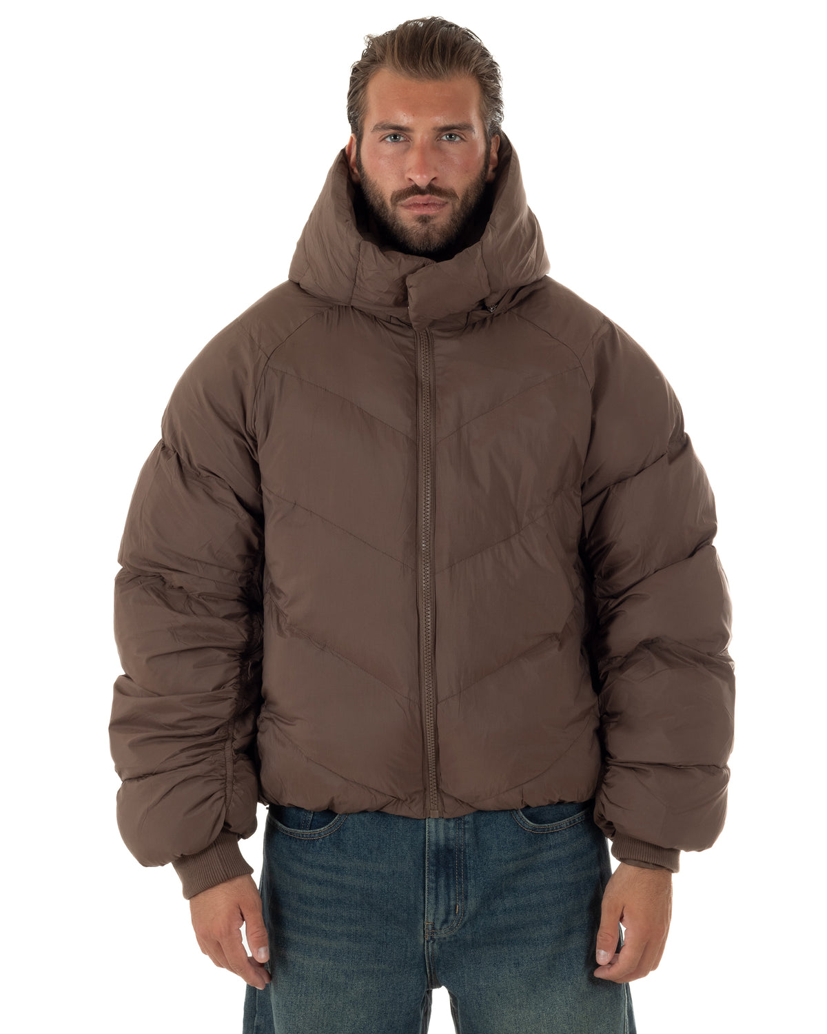 Giubbotto uomo oversize piumino bomber zip cappuccio opaco marrone GIOSAL-G3411A